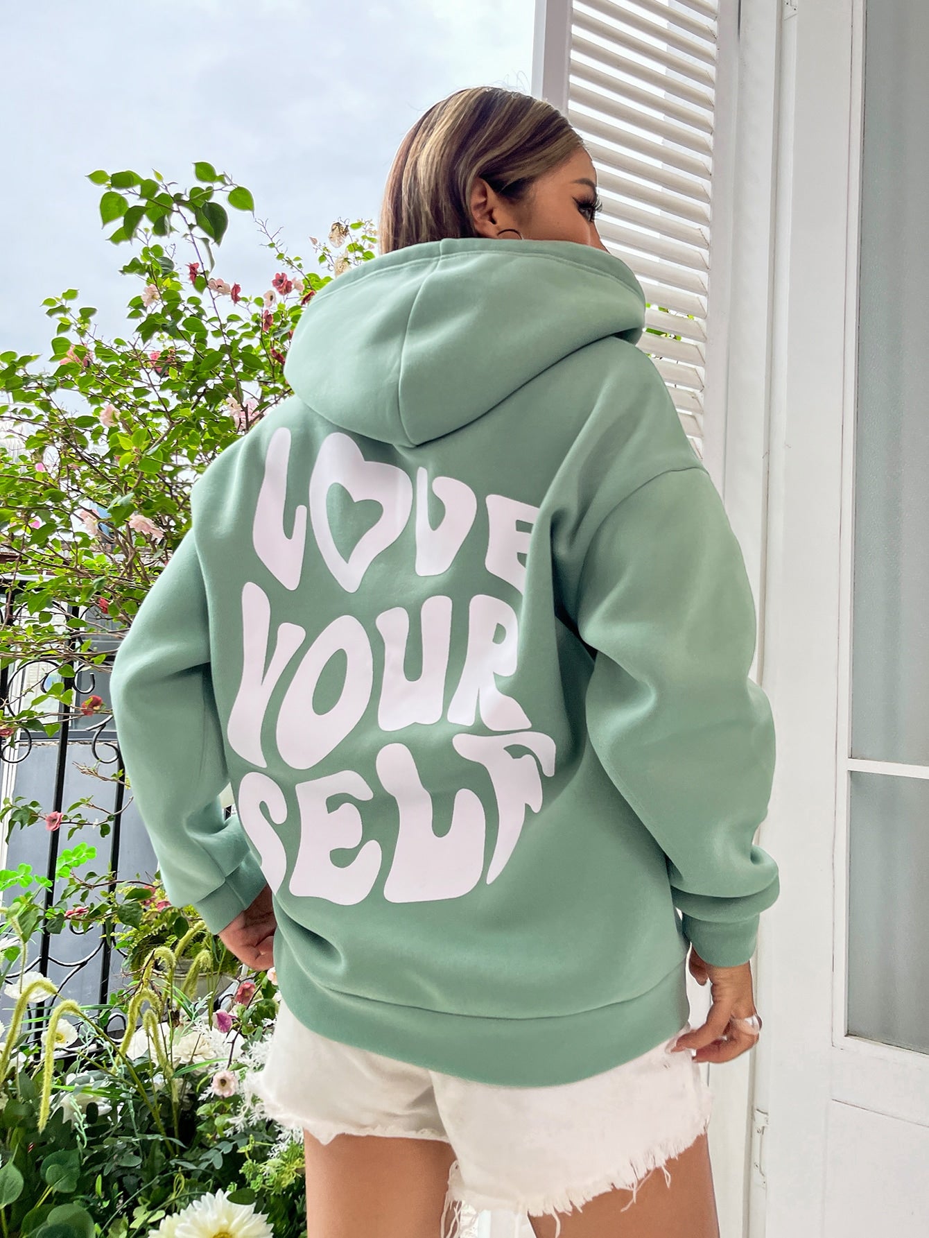 MOOSTA Slogan Graphic Drop Shoulder Drawstring Thermal Lined Hoodie LOVE YOURSELF,Long Sleeve Tops