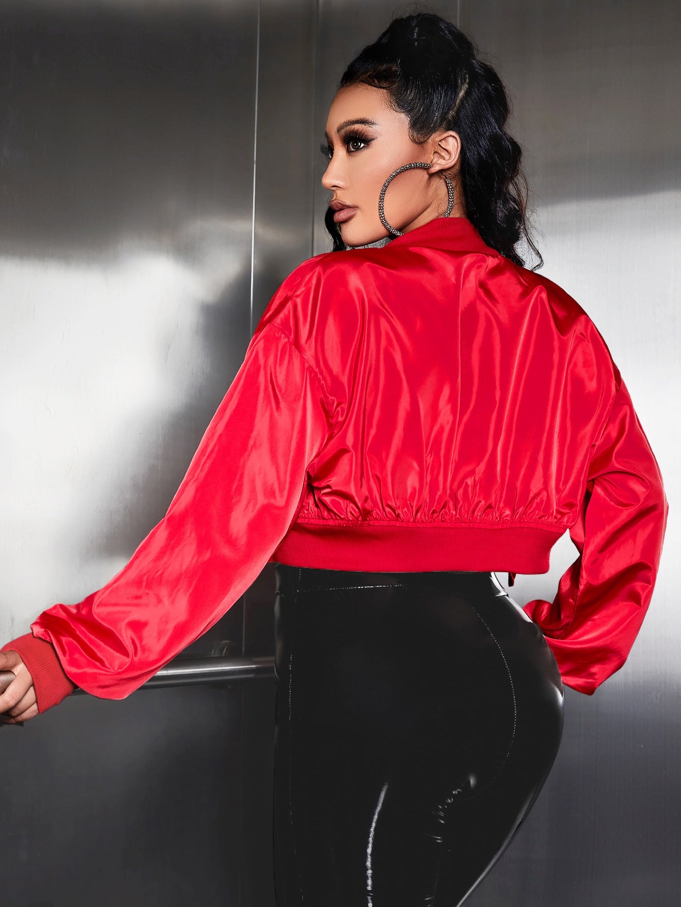 SXY Drop Shoulder Zip Up Crop Bomber Jacket