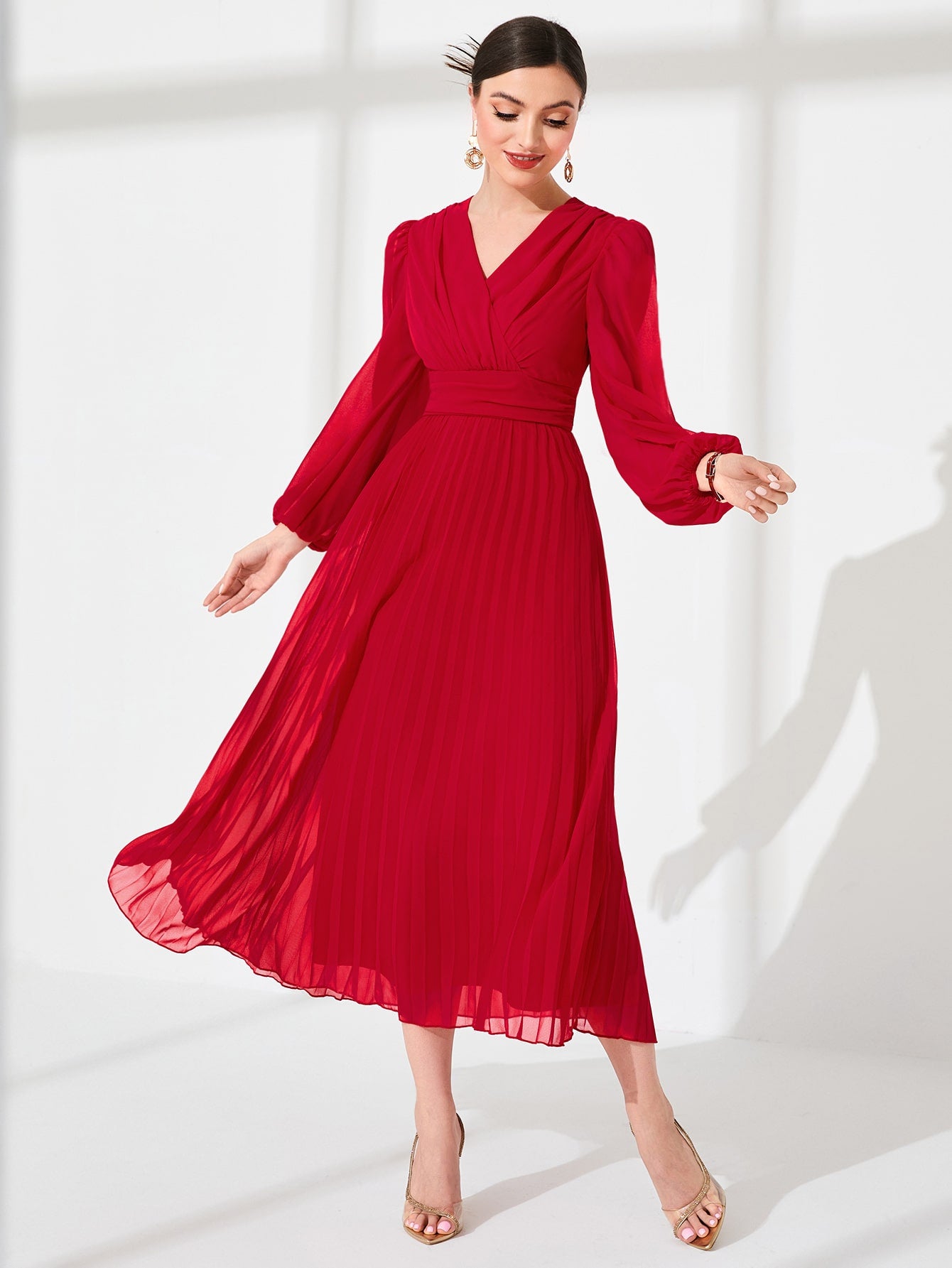 Modely Surplice Neck Pleated Hem Dress For New Year Clothes Maxi Women Outfit Long Evening Dresses