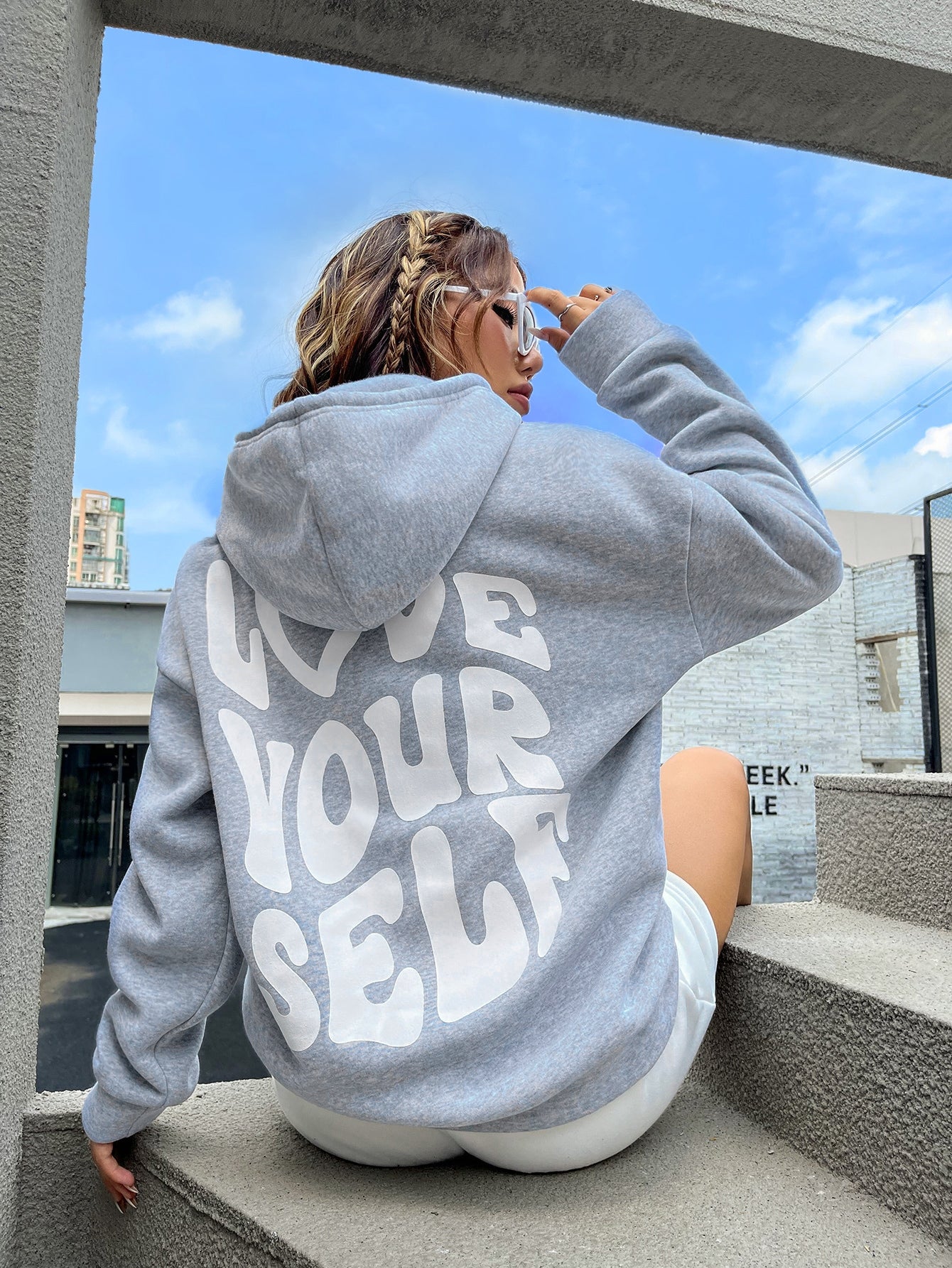 MOOSTA Slogan Graphic Drop Shoulder Drawstring Thermal Lined Hoodie LOVE YOURSELF,Long Sleeve Tops