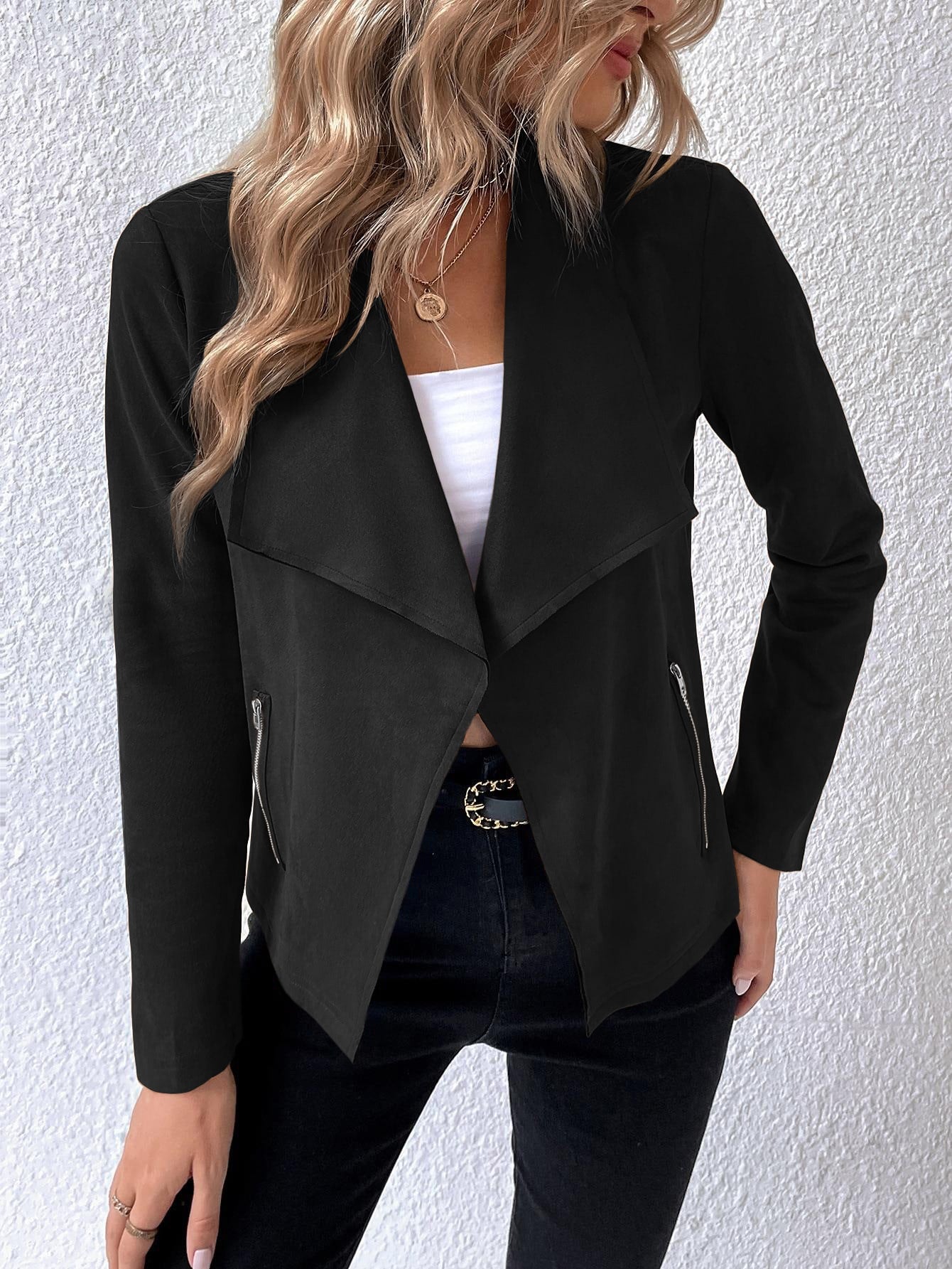 Raffinéa Waterfall Collar Open Front Faux Suede Jacket,Ladies Spring/Fall Casual Pocket,Zipper Regular Sleeve Waterfall Regular Fit Black Plain Women Jackets,Casual Daily Wear