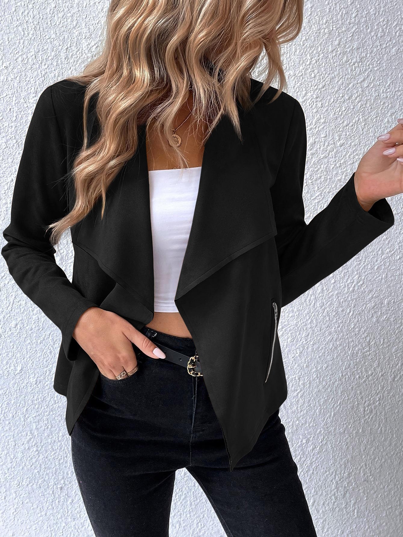 Raffinéa Waterfall Collar Open Front Faux Suede Jacket,Ladies Spring/Fall Casual Pocket,Zipper Regular Sleeve Waterfall Regular Fit Black Plain Women Jackets,Casual Daily Wear