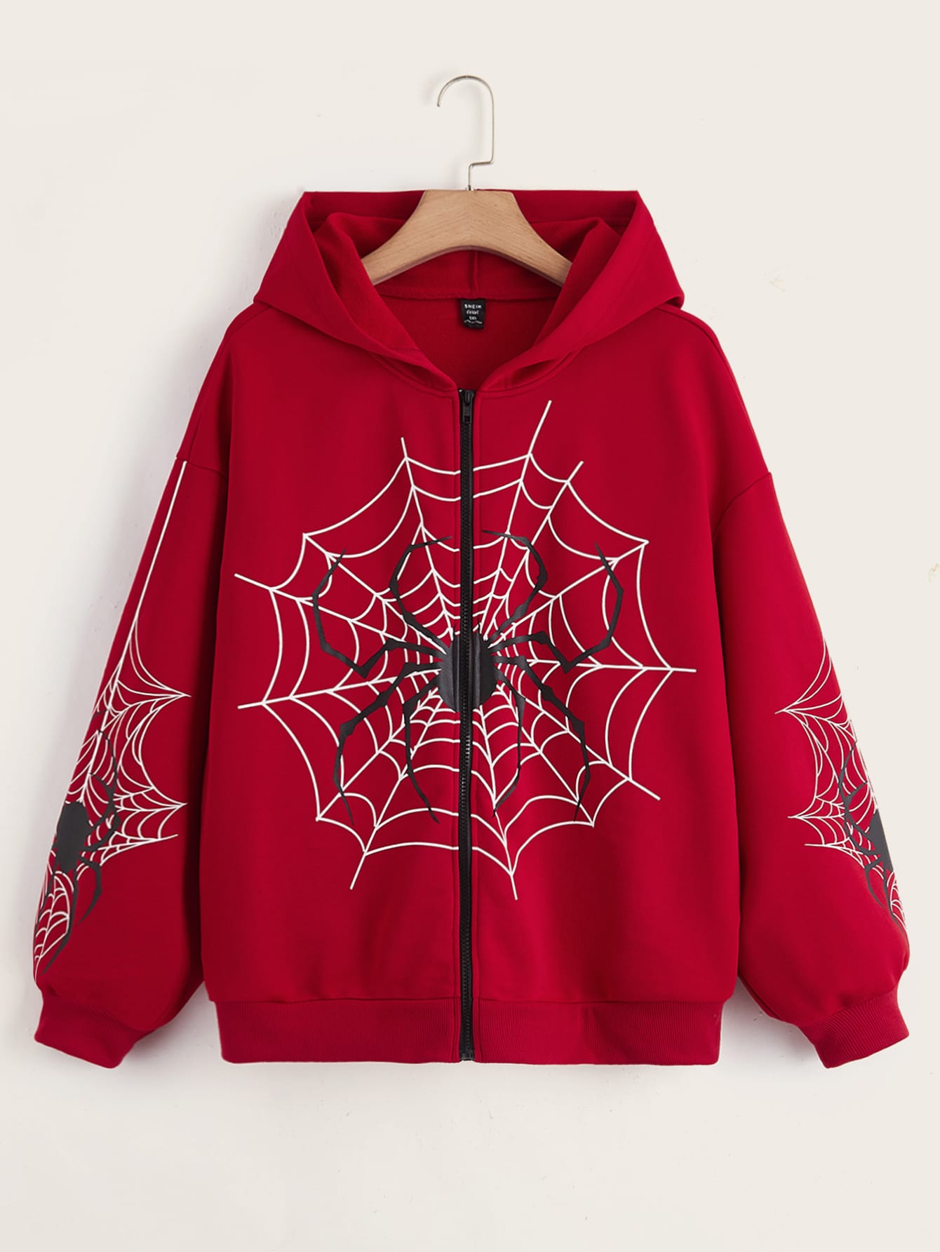 EZwear Plus Spider Web Print Zip Up Drop Shoulder Hoodie