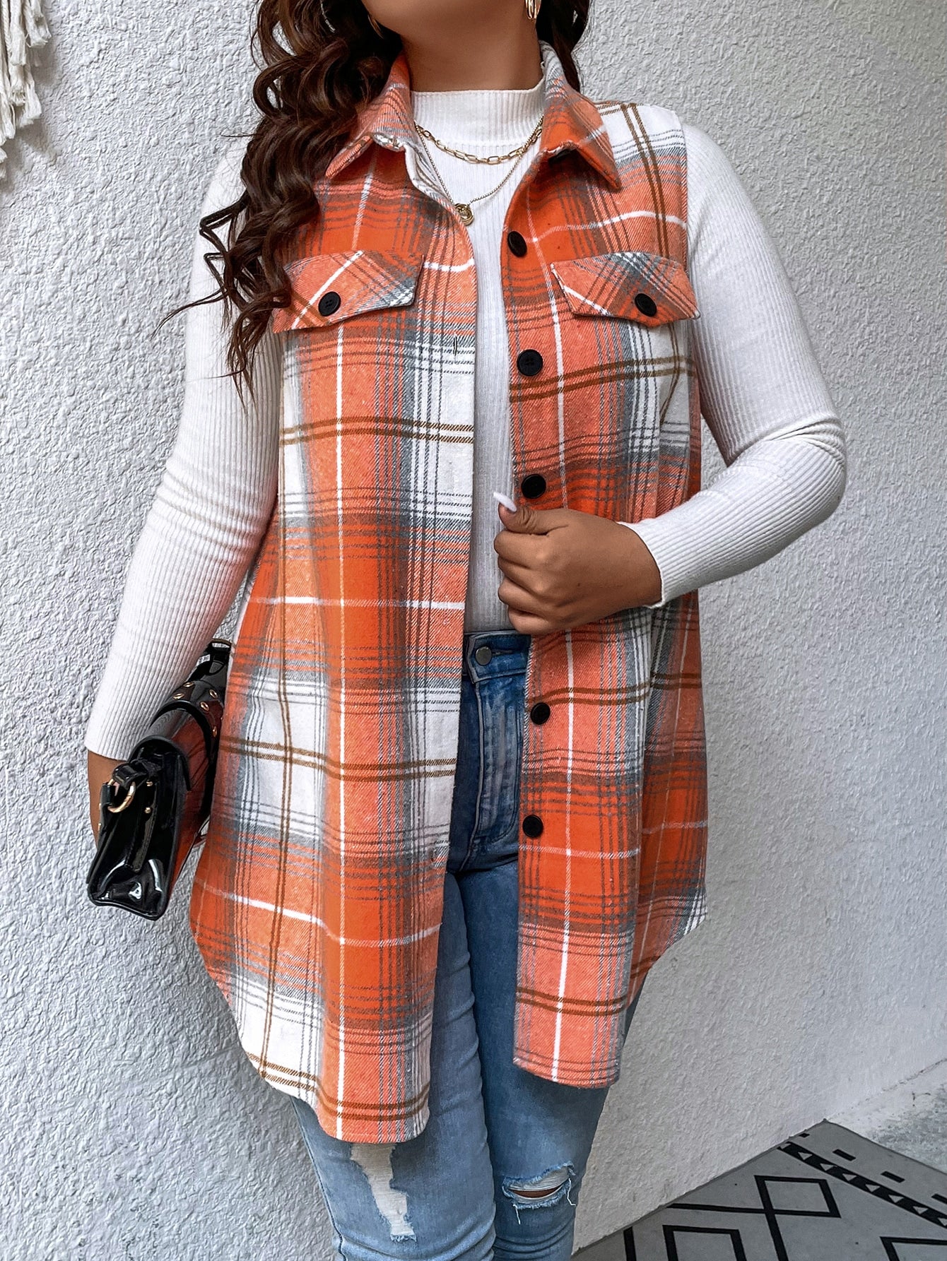 Plus Size Casual Plaid Sleeveless Jacket, Autumn, For Winter