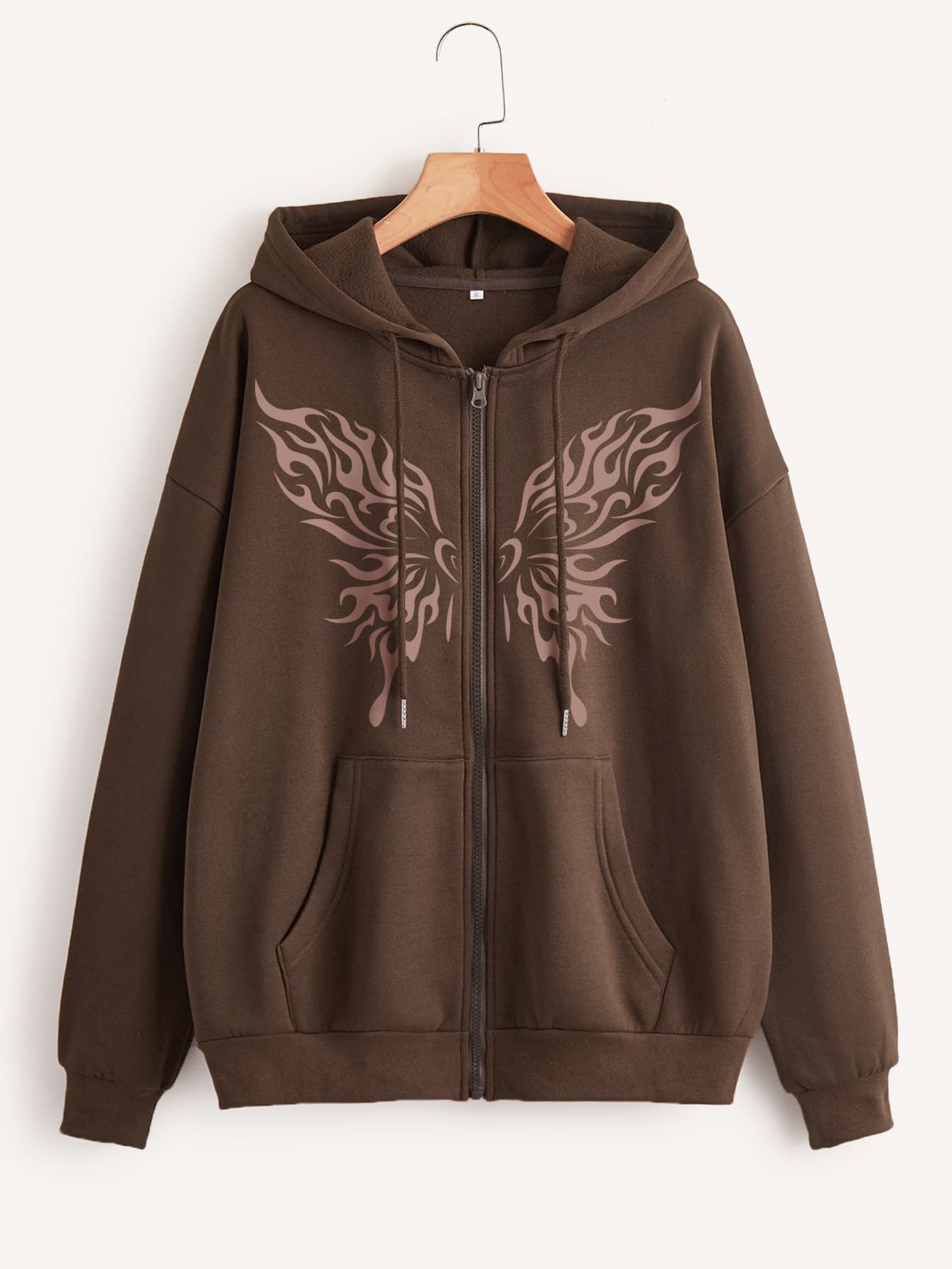 INAWLY Plus Butterfly Print Zip Up Drop Shoulder Drawstring Thermal Lined Hoodie, For Winter