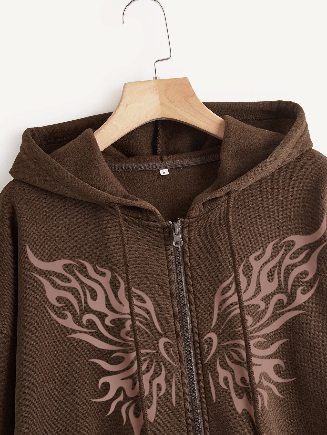 INAWLY Plus Butterfly Print Zip Up Drop Shoulder Drawstring Thermal Lined Hoodie, For Winter