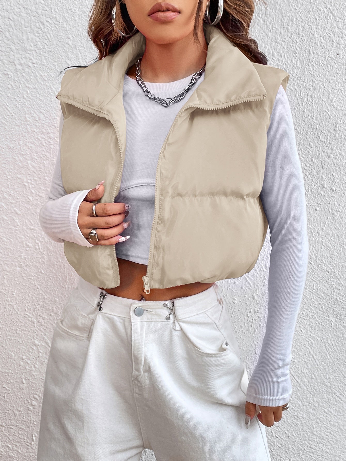 EZwear Zipper Front Casual Vest Khaki Winter Coat