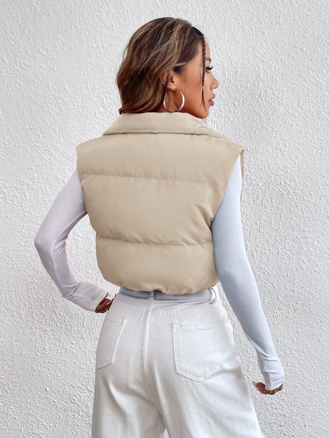 EZwear Zipper Front Casual Vest Khaki Winter Coat