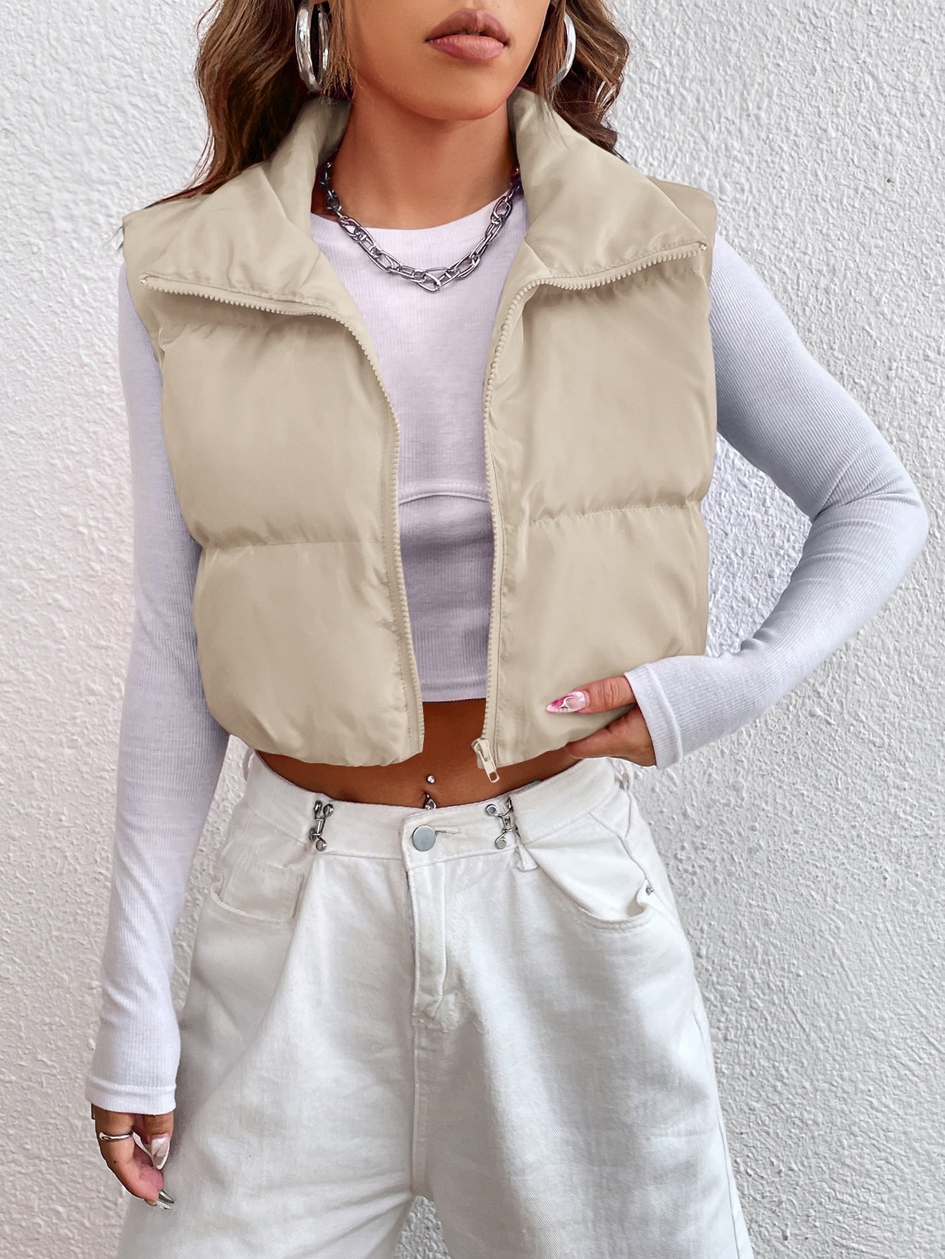 EZwear Zipper Front Casual Vest Khaki Winter Coat