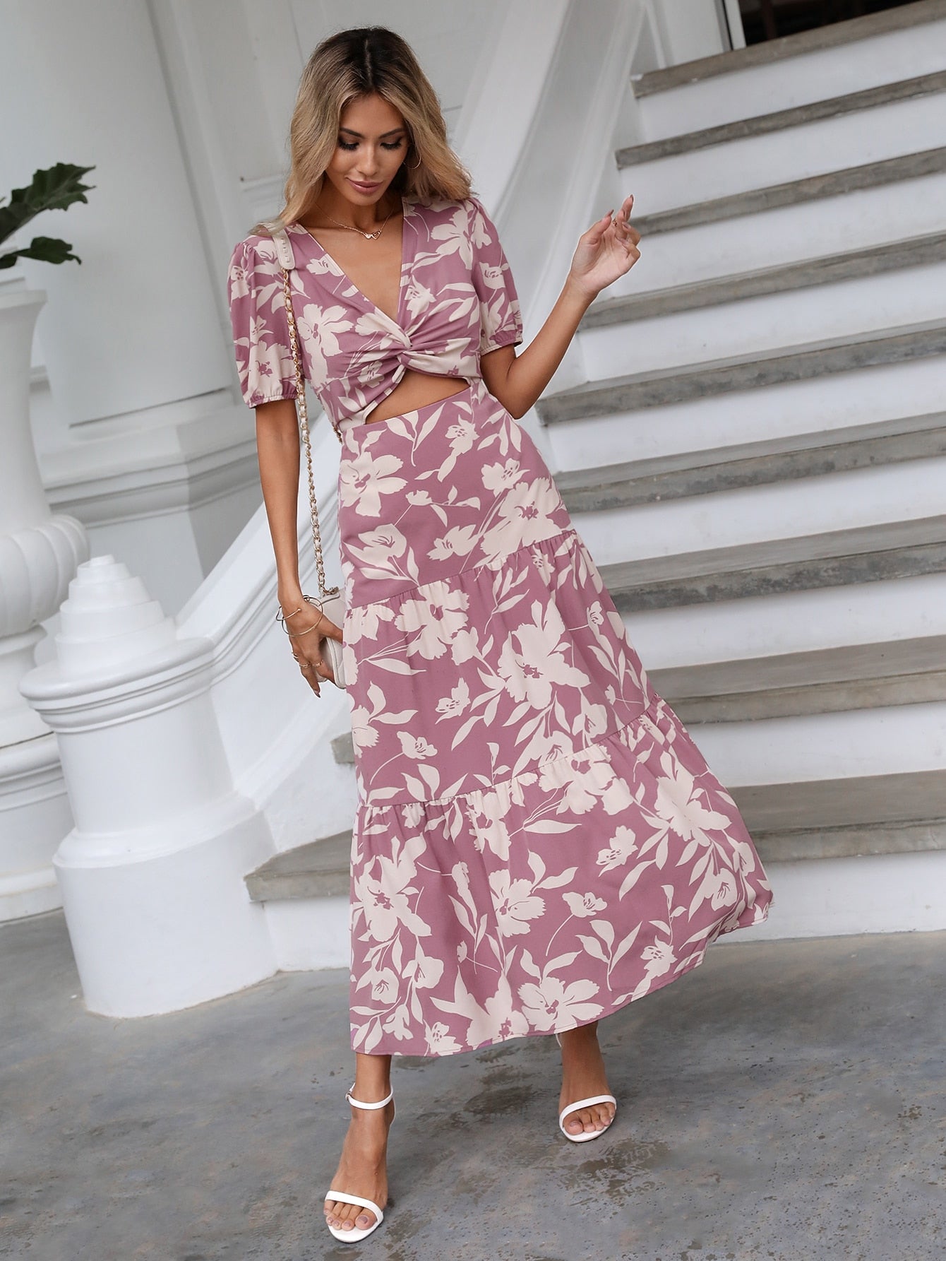 LUNE Floral Print Twist Front Cut Out Ruffle Hem Dress Maxi Women Outfit