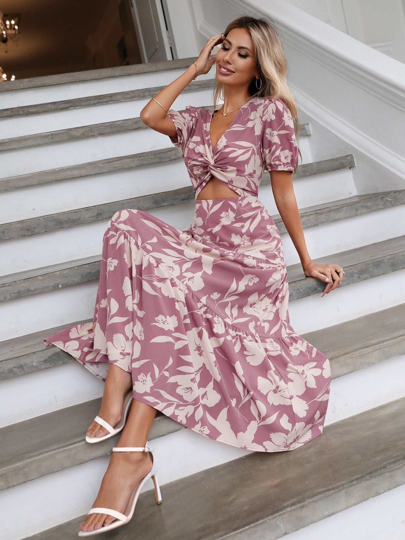 LUNE Floral Print Twist Front Cut Out Ruffle Hem Dress Maxi Women Outfit