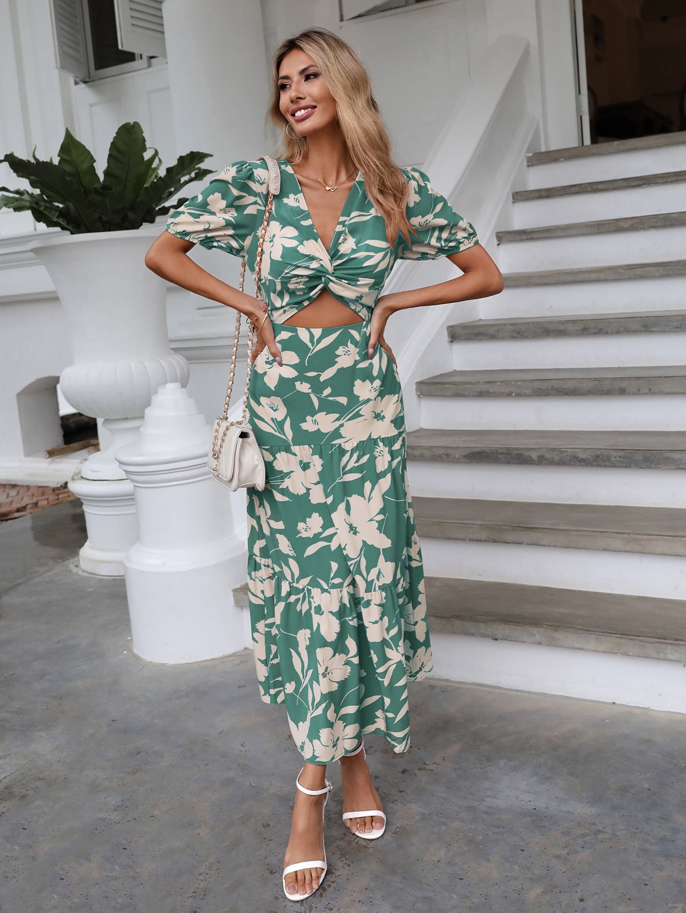 Holidaya Floral Print Twist Front Cut Out Ruffle Hem Dress Maxi Vacation Beach Outfits Women