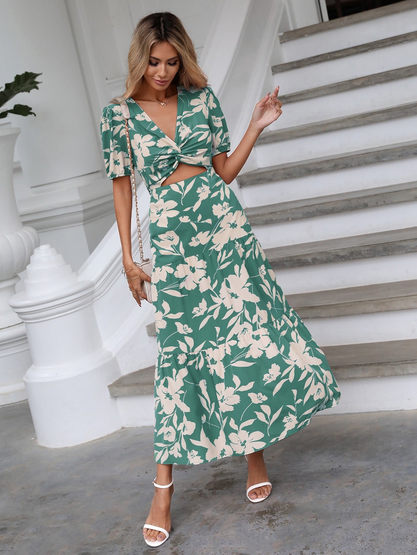 Holidaya Floral Print Twist Front Cut Out Ruffle Hem Dress Maxi Vacation Beach Outfits Women