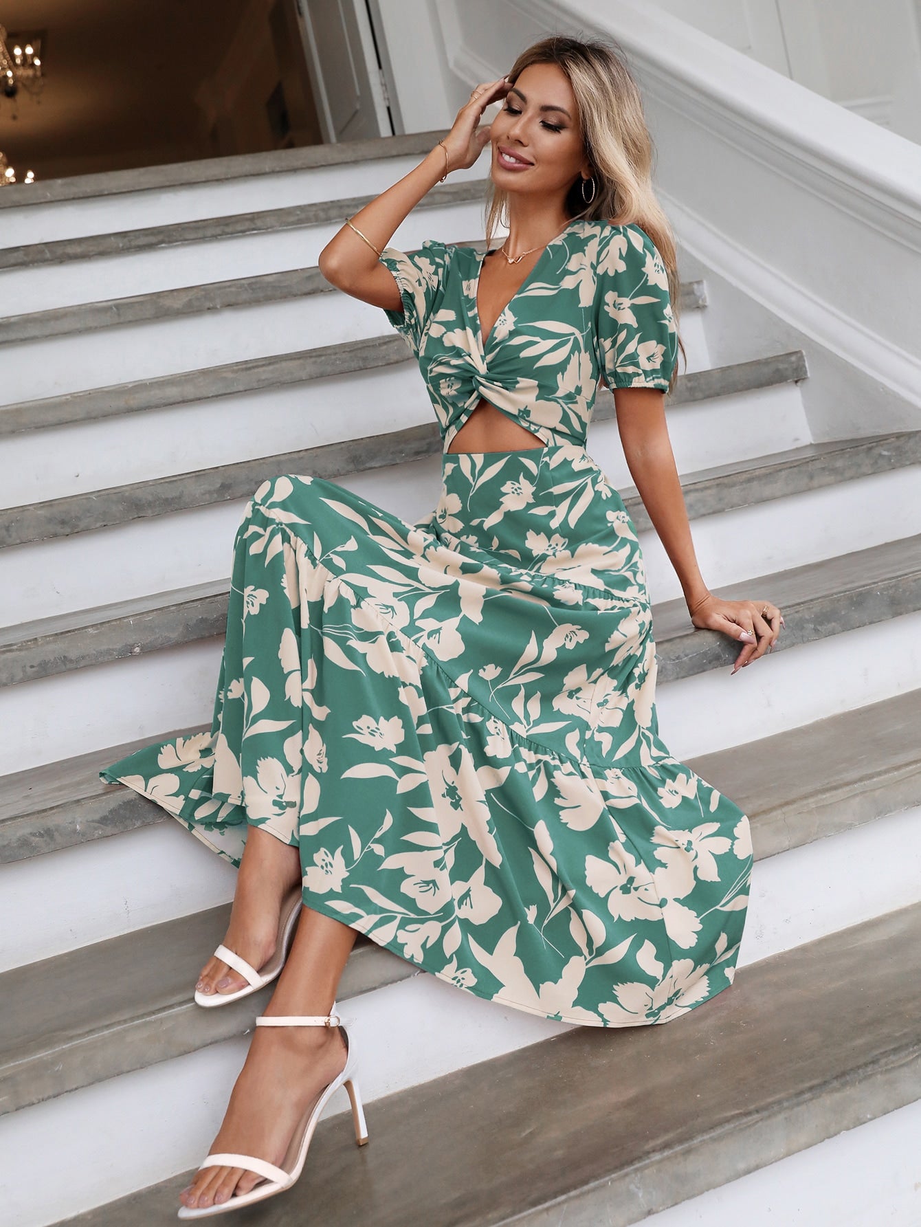 Holidaya Floral Print Twist Front Cut Out Ruffle Hem Dress Maxi Vacation Beach Outfits Women