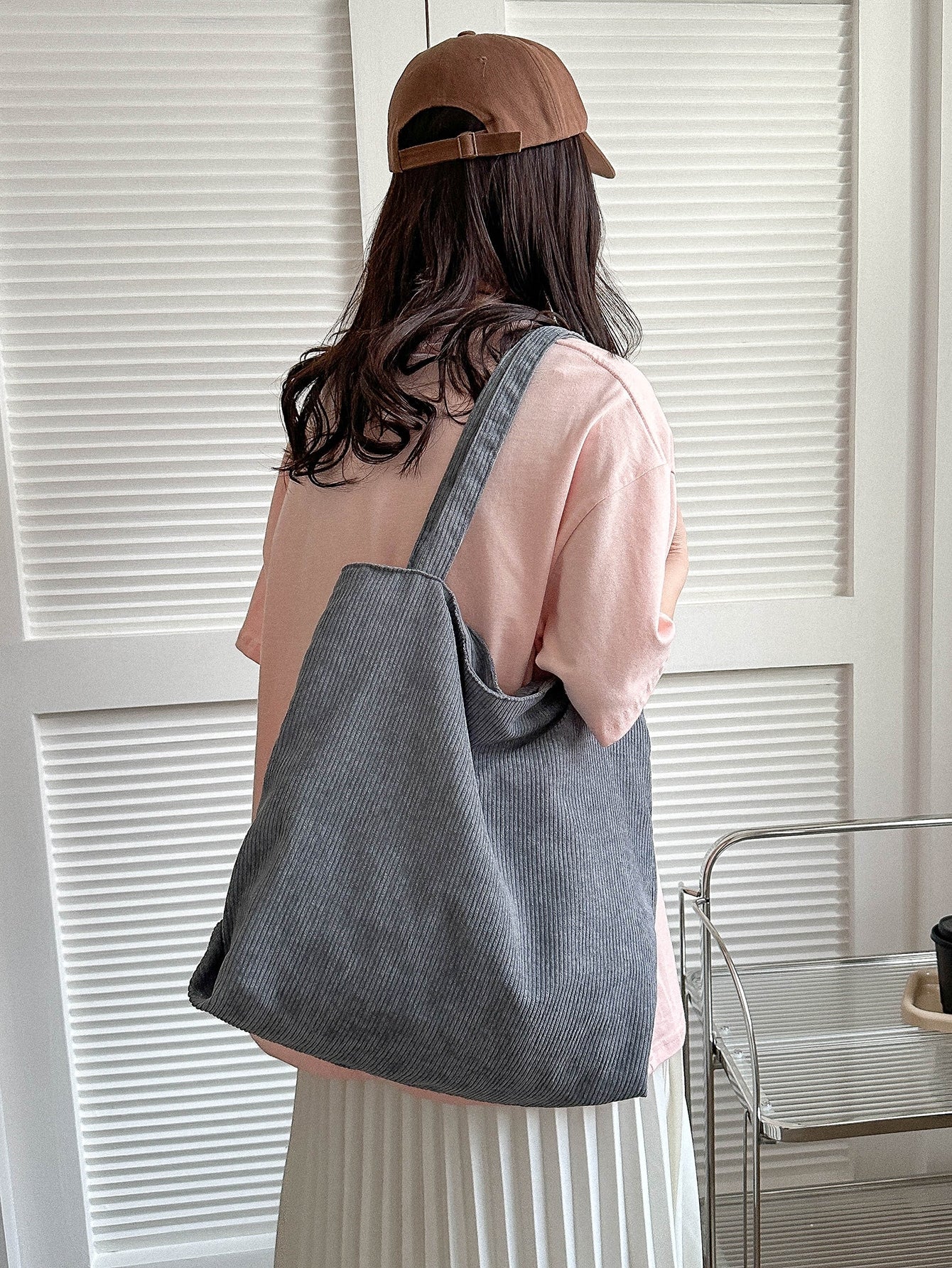 Corduroy Zipper Tote Bag, Women's Fashion Large Capacity Shoulder Bag, Casual Shopping Bag