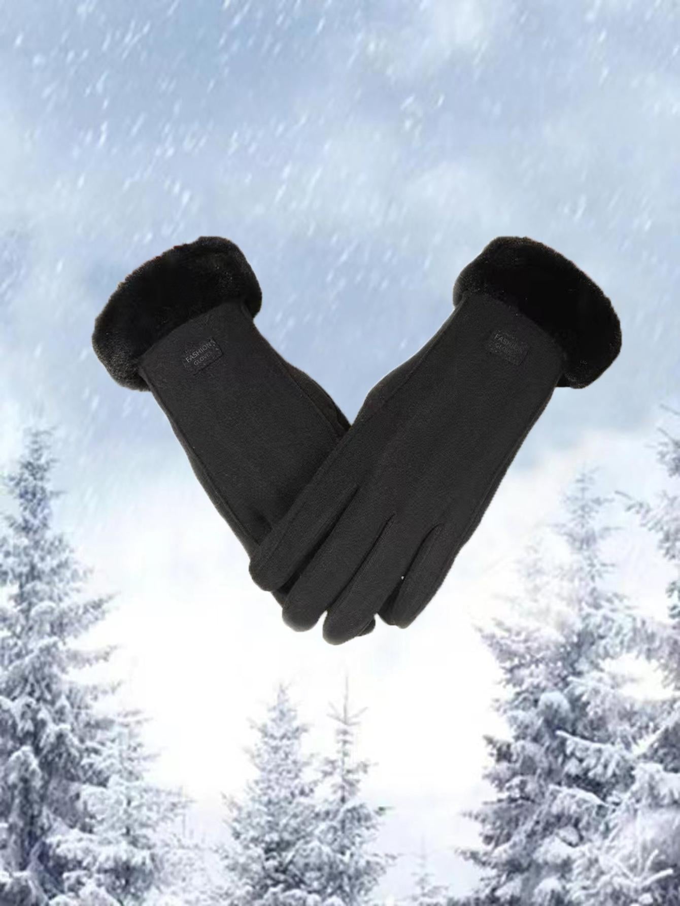 1pair Of Fuzzy Trim Winter Gloves Keep Warm For Daily Life