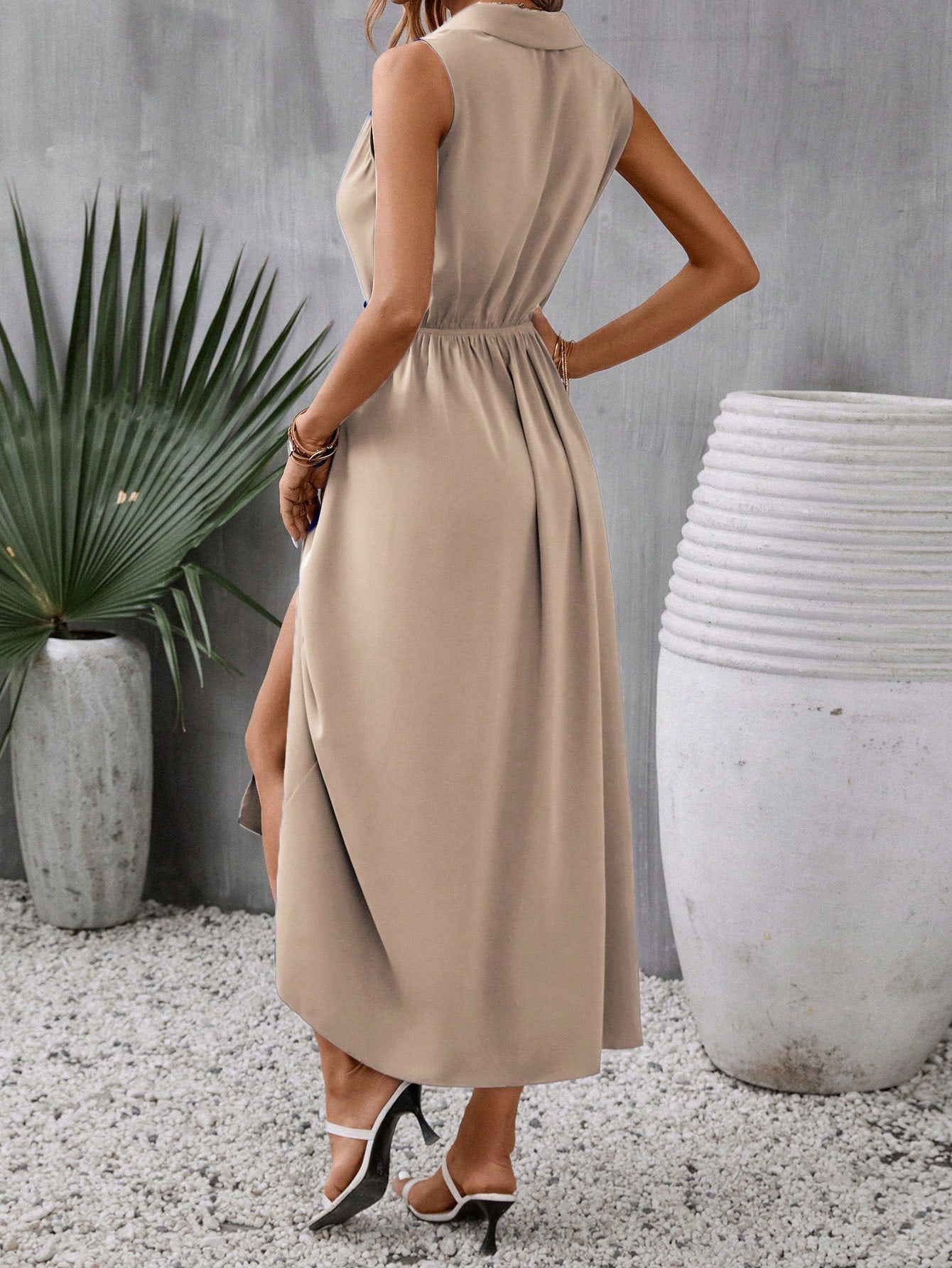 Clasi Solid Button Front Split Thigh Dress Maxi Women Outfit