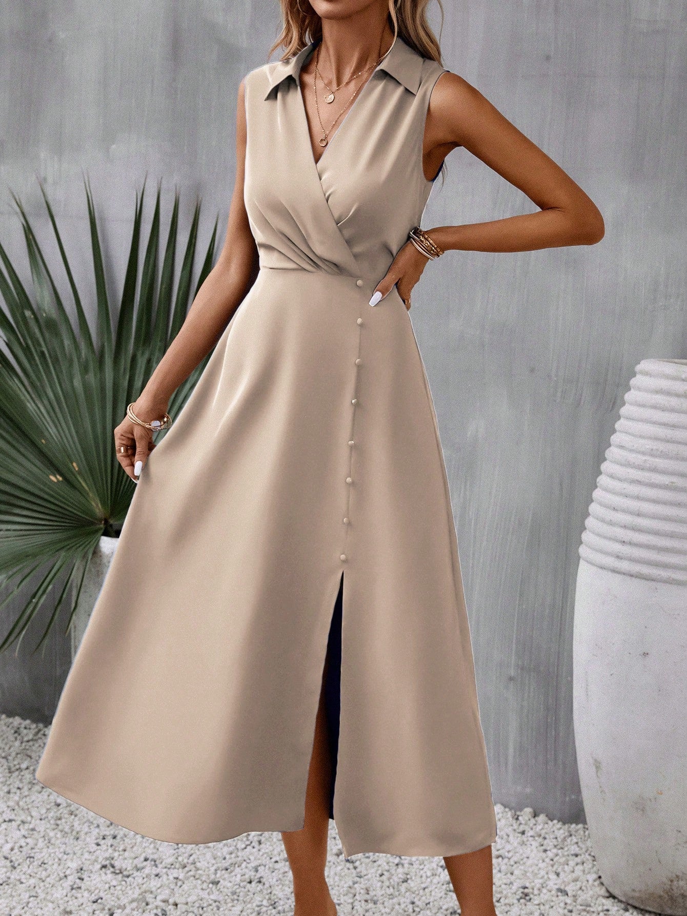 Clasi Solid Button Front Split Thigh Dress Maxi Women Outfit