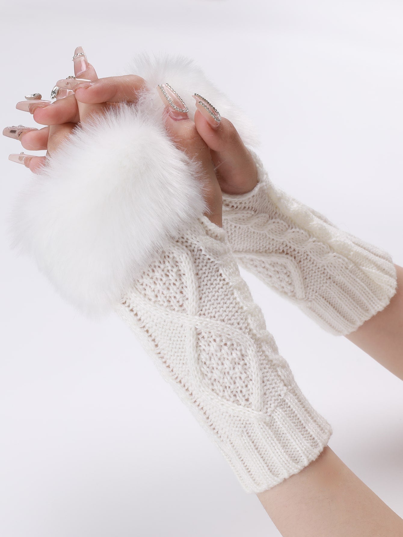 1 Pair Women's White Short Knitted Fingerless Gloves With Fur Edge, Autumn