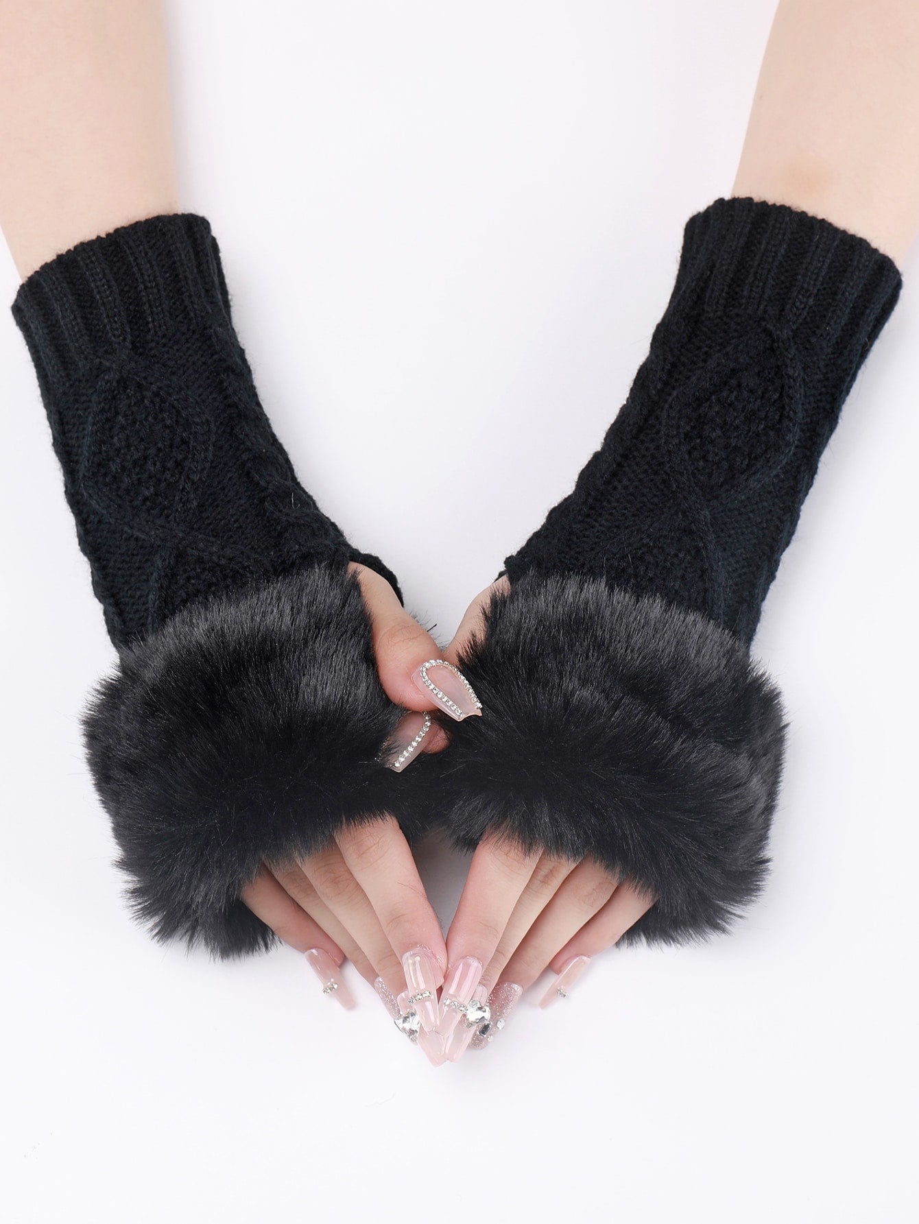 1 Pair Women's White Short Knitted Fingerless Gloves With Fur Edge, Autumn