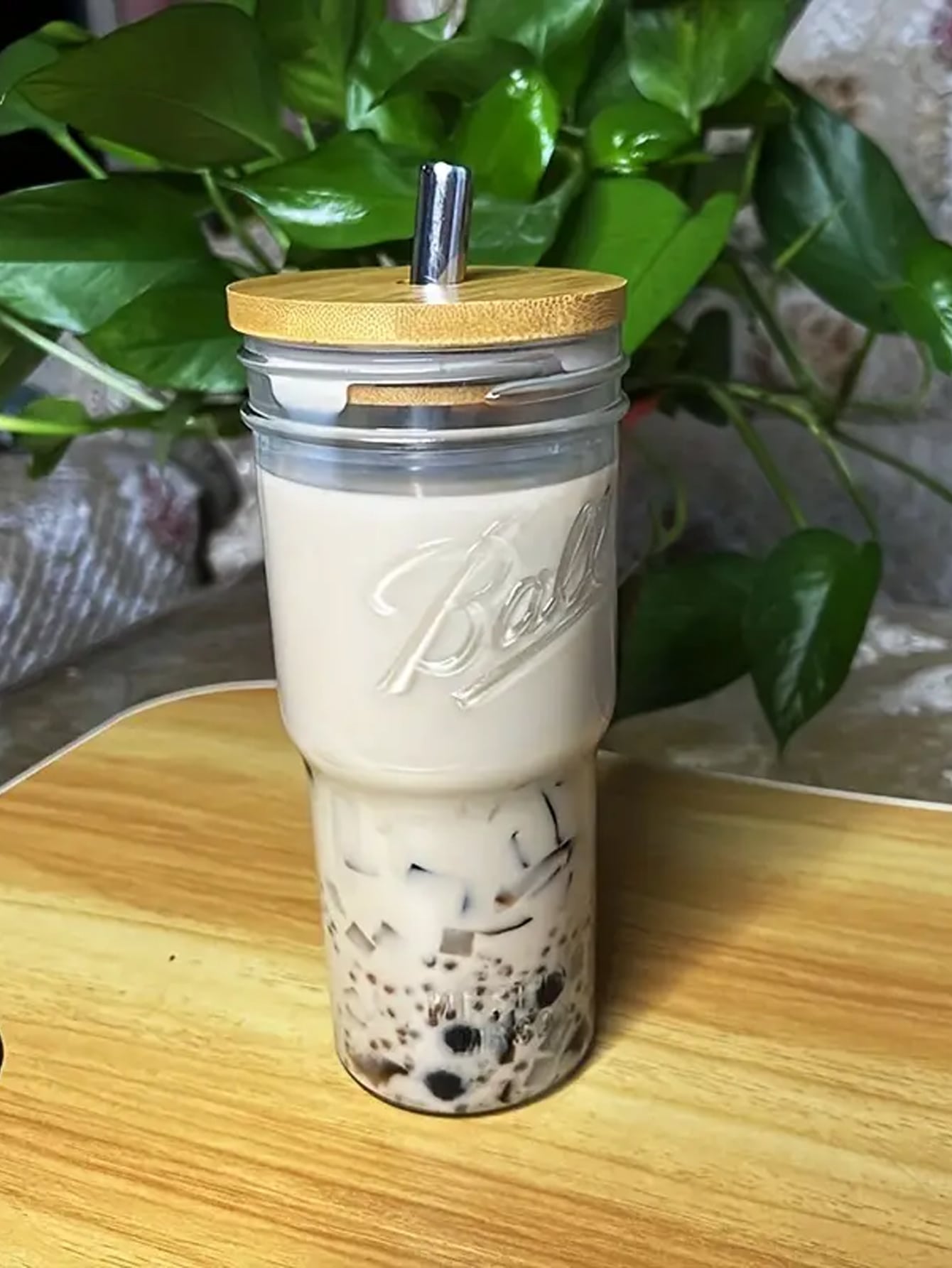 1pc Car Straw Milk Tea Cup, With A Wooden Lid Glass, Cold Drink Drink Glass Juice Bottle