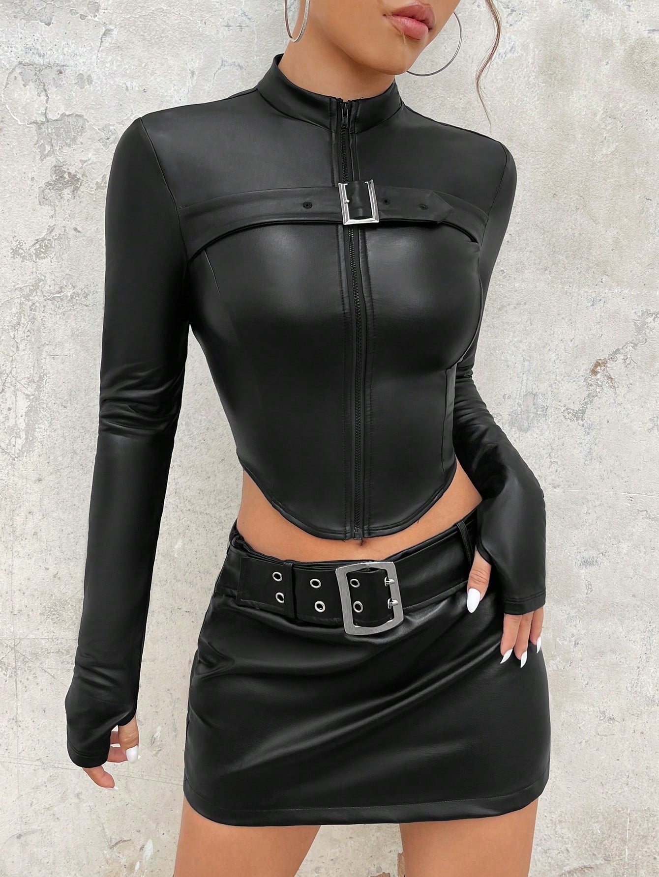 ICON Zip Up Curved Hem PU Leather  Fall Clothes Women Jacket