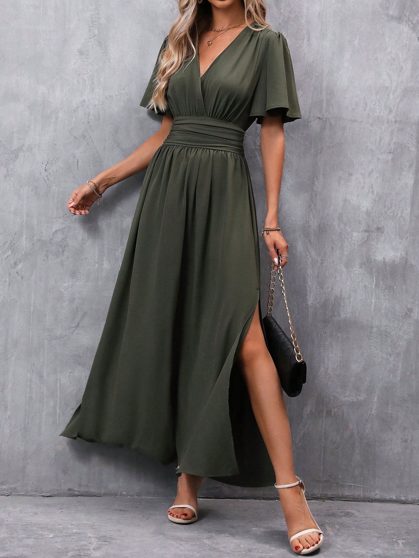 Clasi Butterfly Sleeve Ruched Waist Split Thigh Dress,Ladies Casual Ruched,Shirred,Split Thigh,Wrap Short Sleeve V Neck Regular Fit Long Dark Green Flounce Sleeve Plain A Line Women Long Dresses,Spring/Summer,Casual Daily Wear Maxi Women Outfit