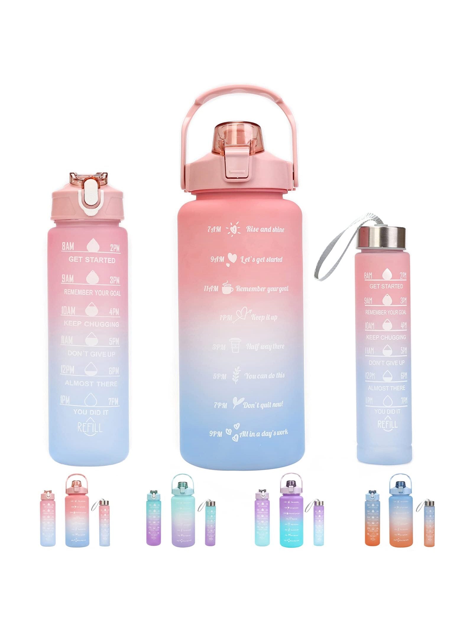 Set Of 3 Motivational Water Bottles With Straw, 64oz (approx. 1800ml), 25oz (approx. 710ml), 10oz (approx. 300ml) Time Marker Large Capacity Leakproof Half Gallon (approx. 1.8l)/2l Water Jug, Suitable For Sports, Gym, Travel, Bpa-free - Gradient Color