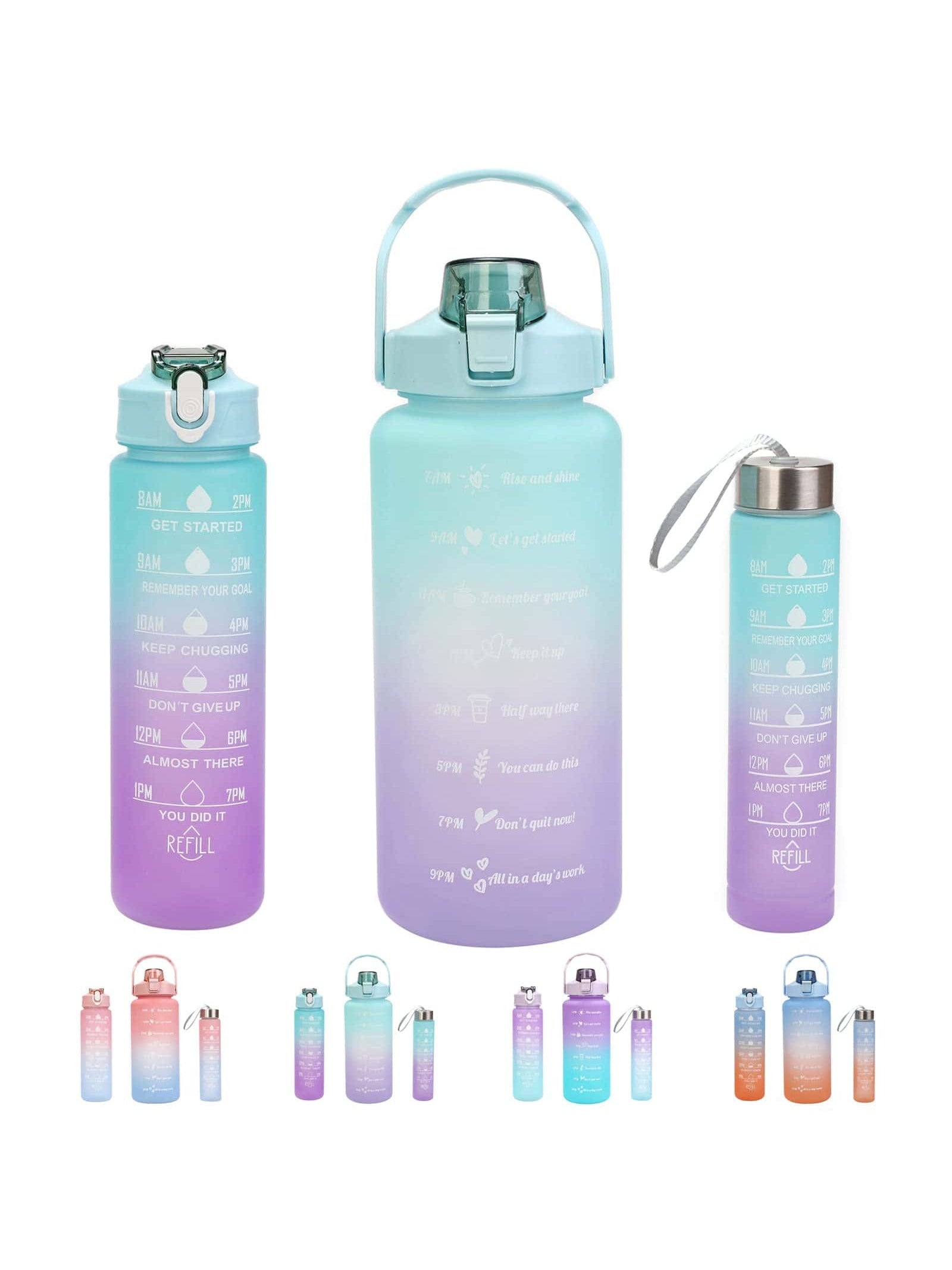 Set Of 3 Motivational Water Bottles With Straw, 64oz (approx. 1800ml), 25oz (approx. 710ml), 10oz (approx. 300ml) Time Marker Large Capacity Leakproof Half Gallon (approx. 1.8l)/2l Water Jug, Suitable For Sports, Gym, Travel, Bpa-free - Gradient Color