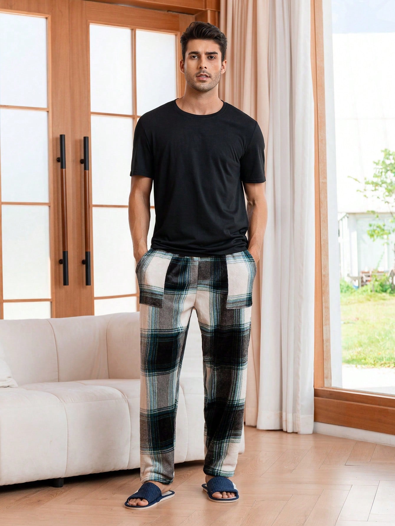 Men Plaid Print Drawstring Waist Sleep Pants