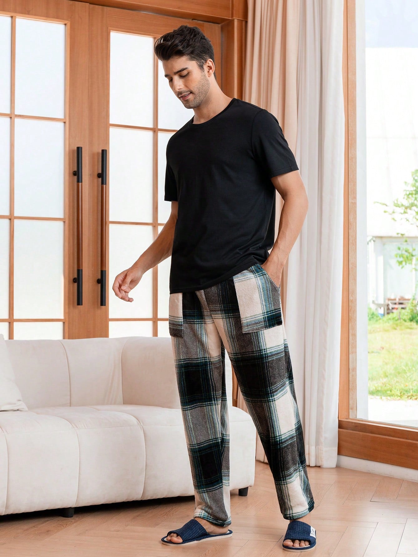 Men Plaid Print Drawstring Waist Sleep Pants