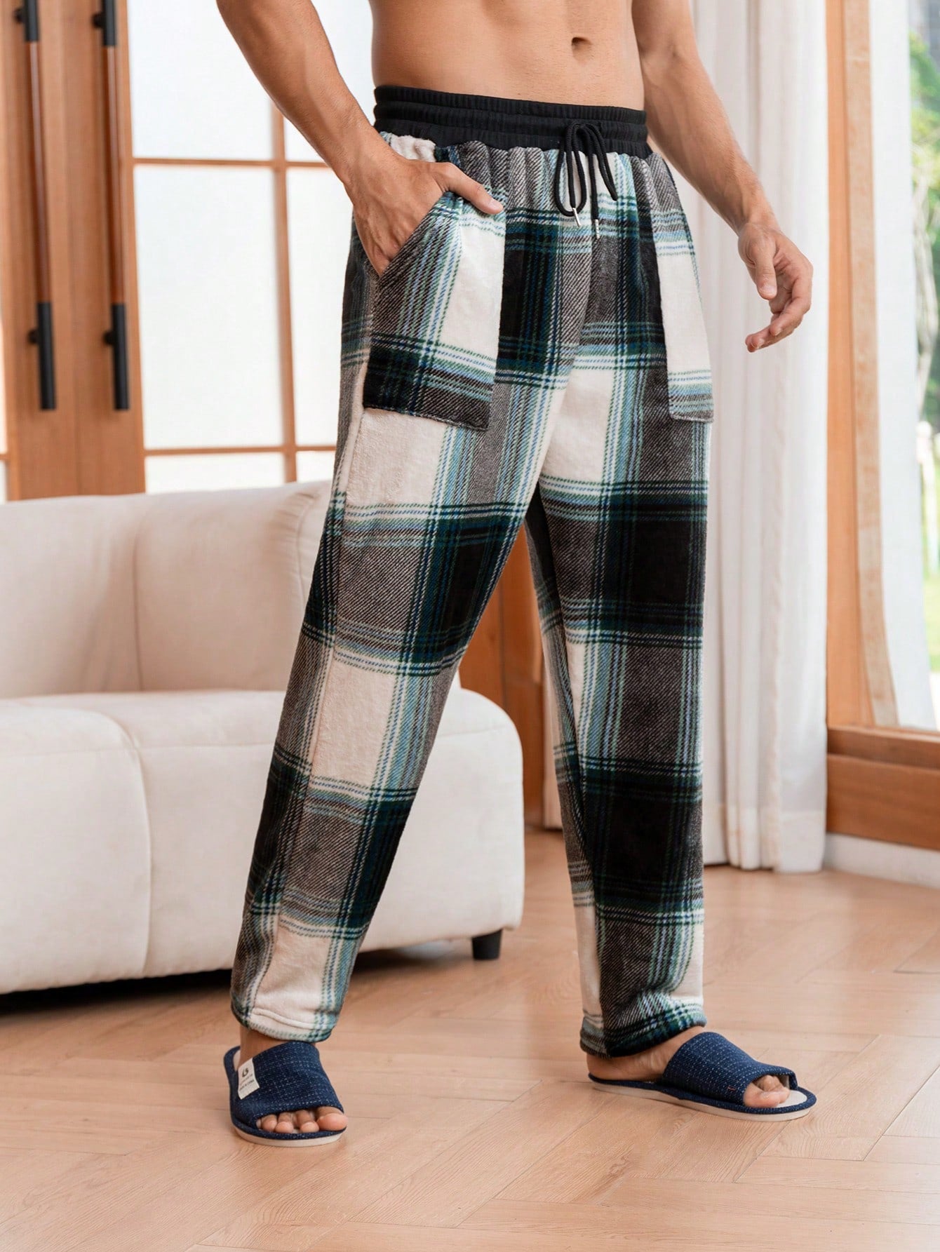 Men Plaid Print Drawstring Waist Sleep Pants