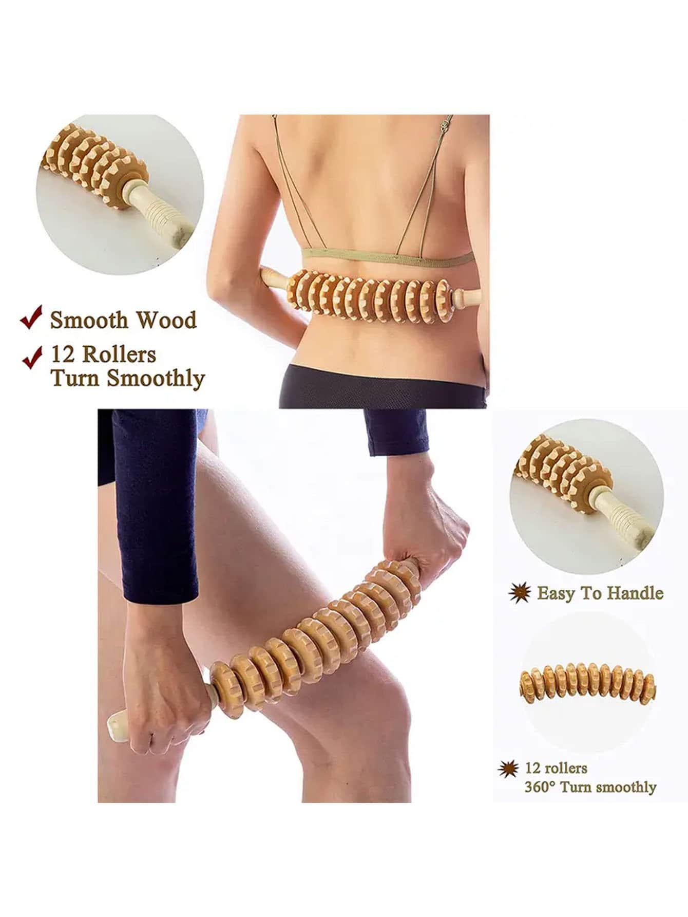 1 Manual Roller Body muscle relaxation massager - Wooden massage Roller tool - Handheld fat Trigger Point rod Lymphatic drainage anti-fat muscle release roller Handheld Massage stick Massager