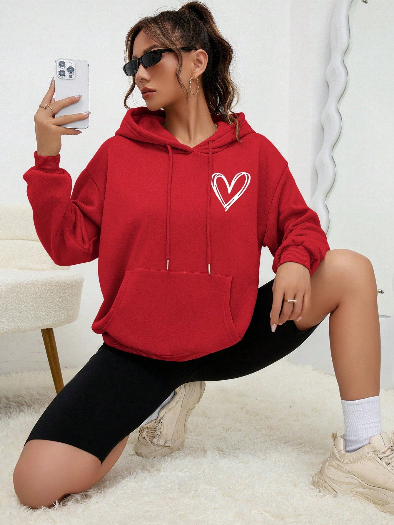 INAWLY Heart Print Kangaroo Pocket Drop Shoulder Drawstring Hoodie,Long Sleeve Tops