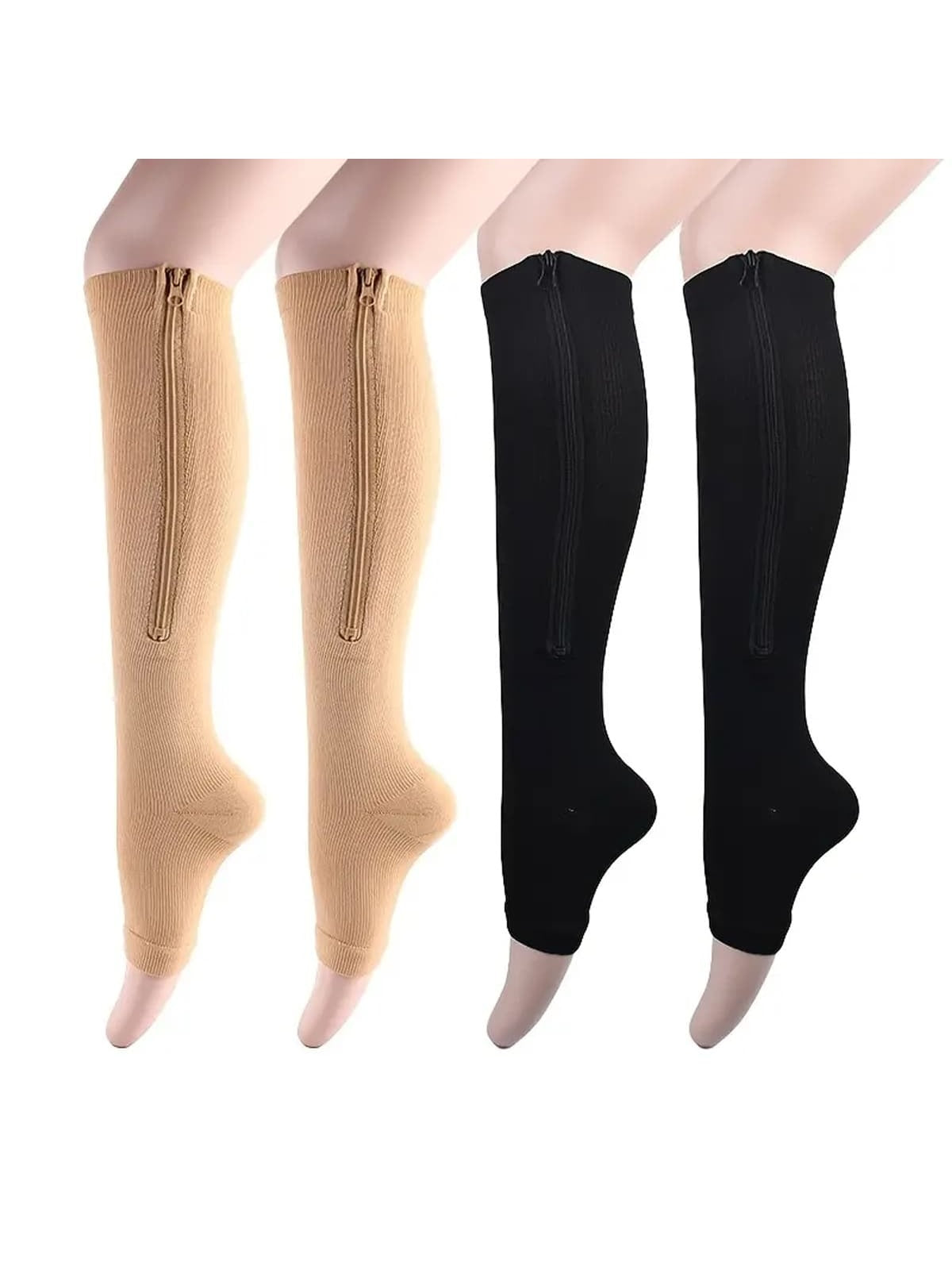 1pair Black Casual Compression Socks With Side Stripes And Zipper Sports