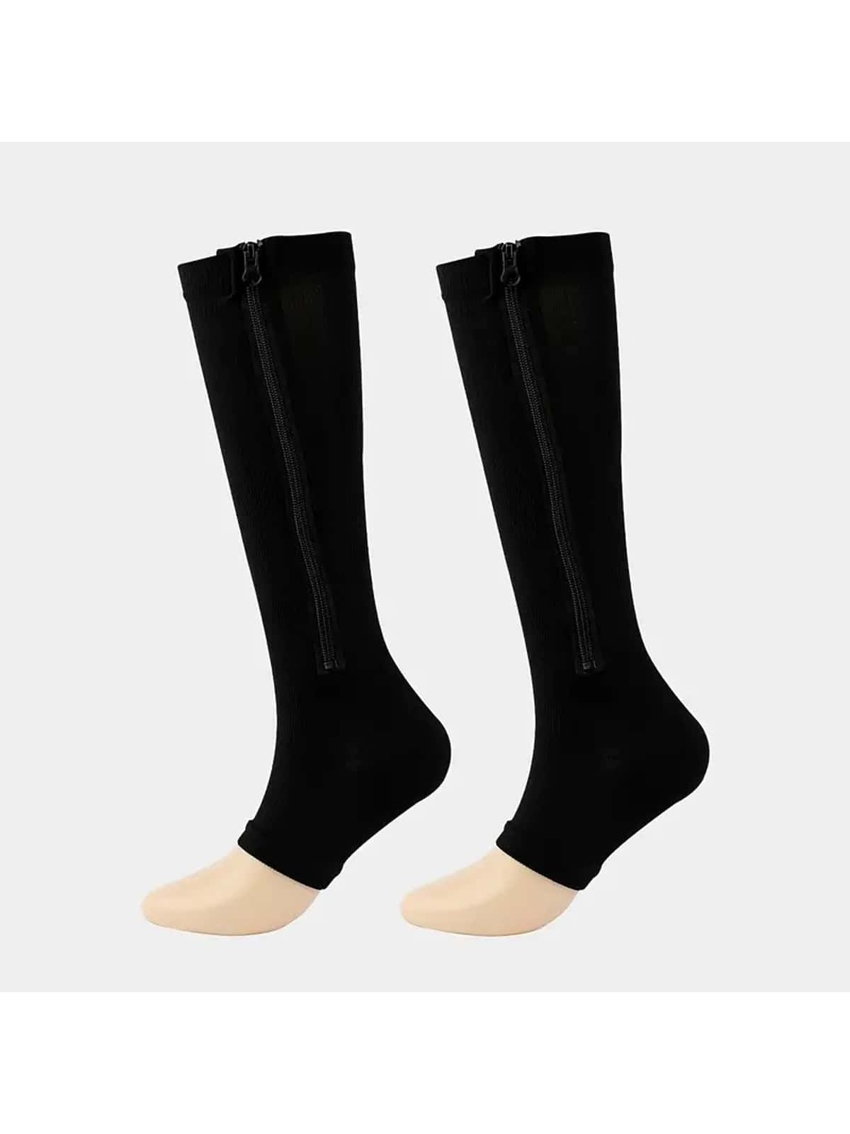 1pair Black Casual Compression Socks With Side Stripes And Zipper Sports