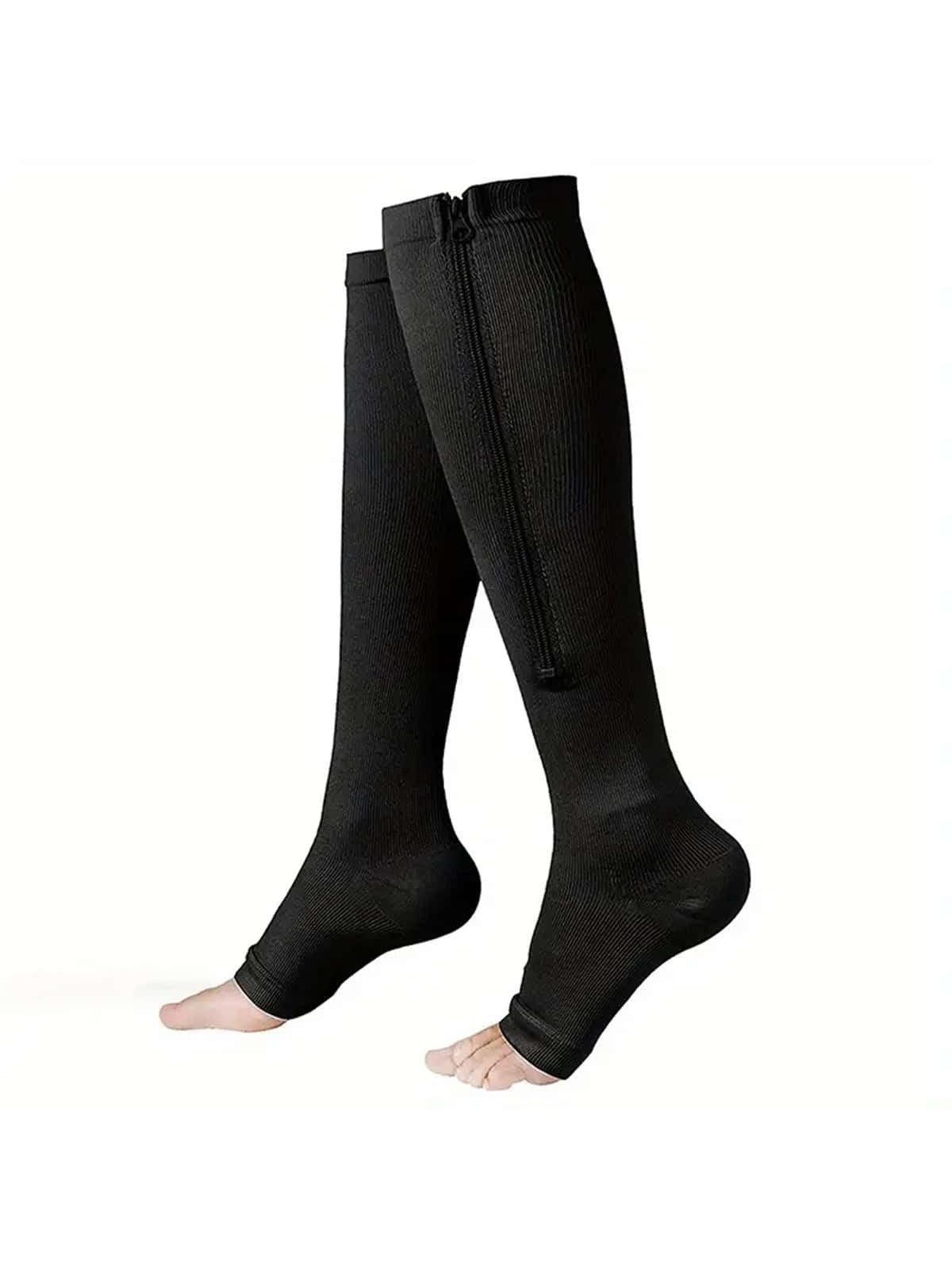 1pair Black Casual Compression Socks With Side Stripes And Zipper Sports