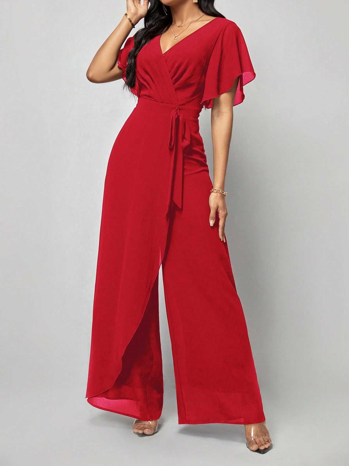 Amorya Saint Patrick Day Butterfly Sleeve Wrap Belted Wide Leg Jumpsuit