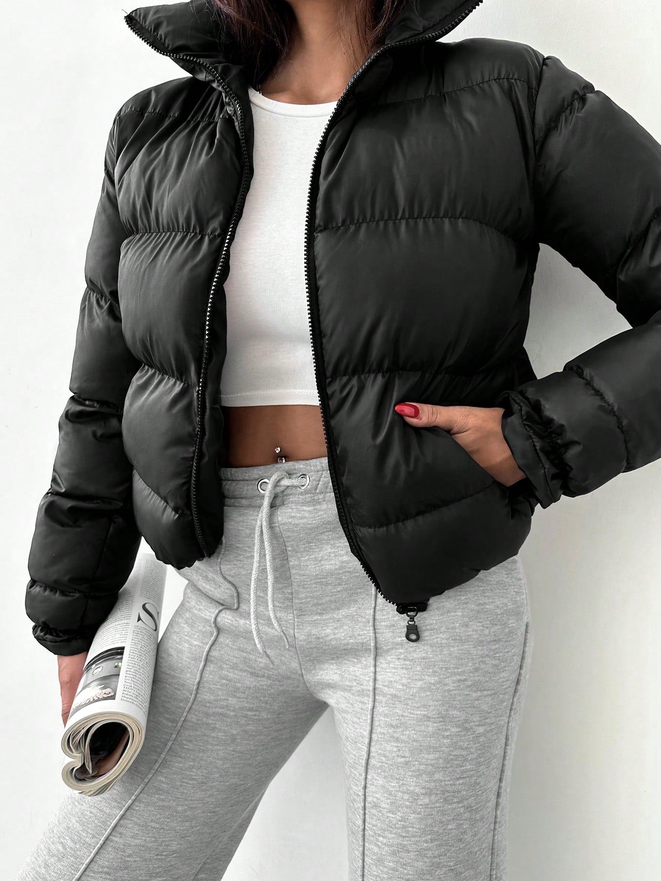 Solid Color Short Padded Jacket For Women