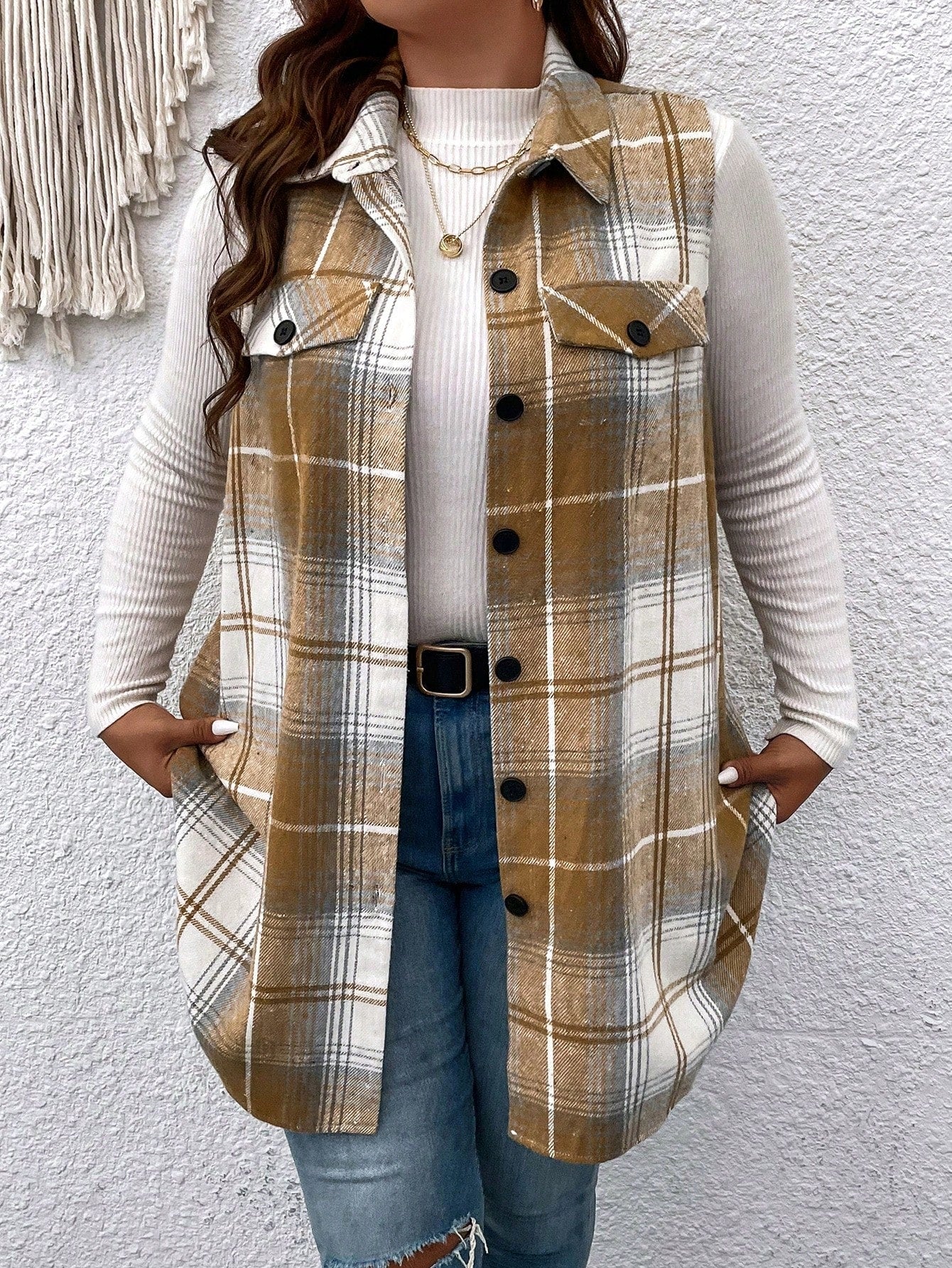 Plus Size Casual Plaid Sleeveless Jacket, Autumn, For Winter