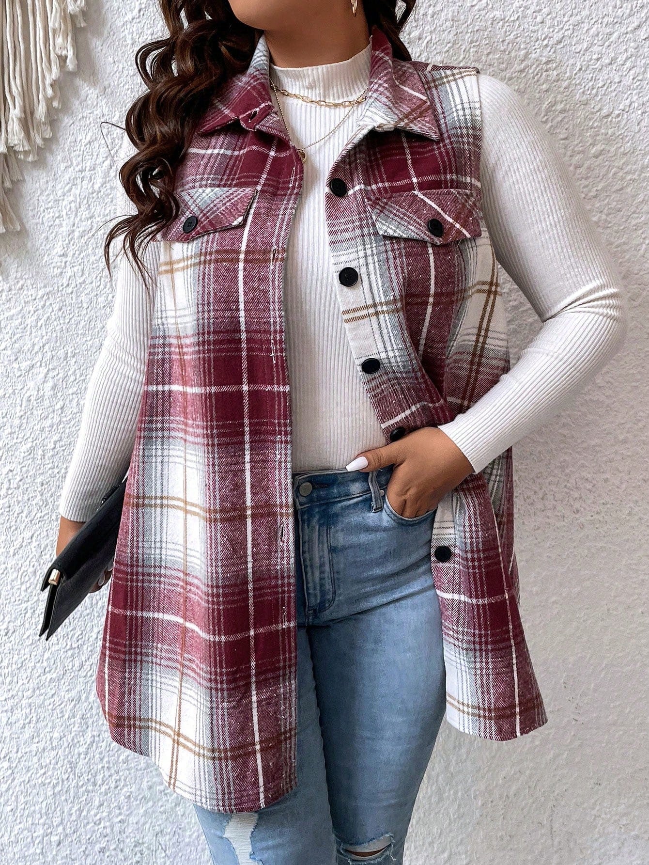 Plus Size Casual Plaid Sleeveless Jacket, Autumn, For Winter