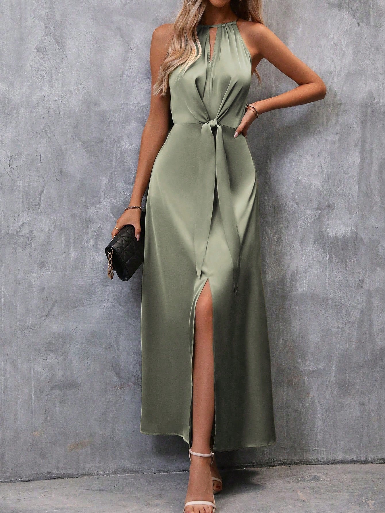 Clasi Solid Split Hem Belted Halter Dress Maxi Satin Women Outfit