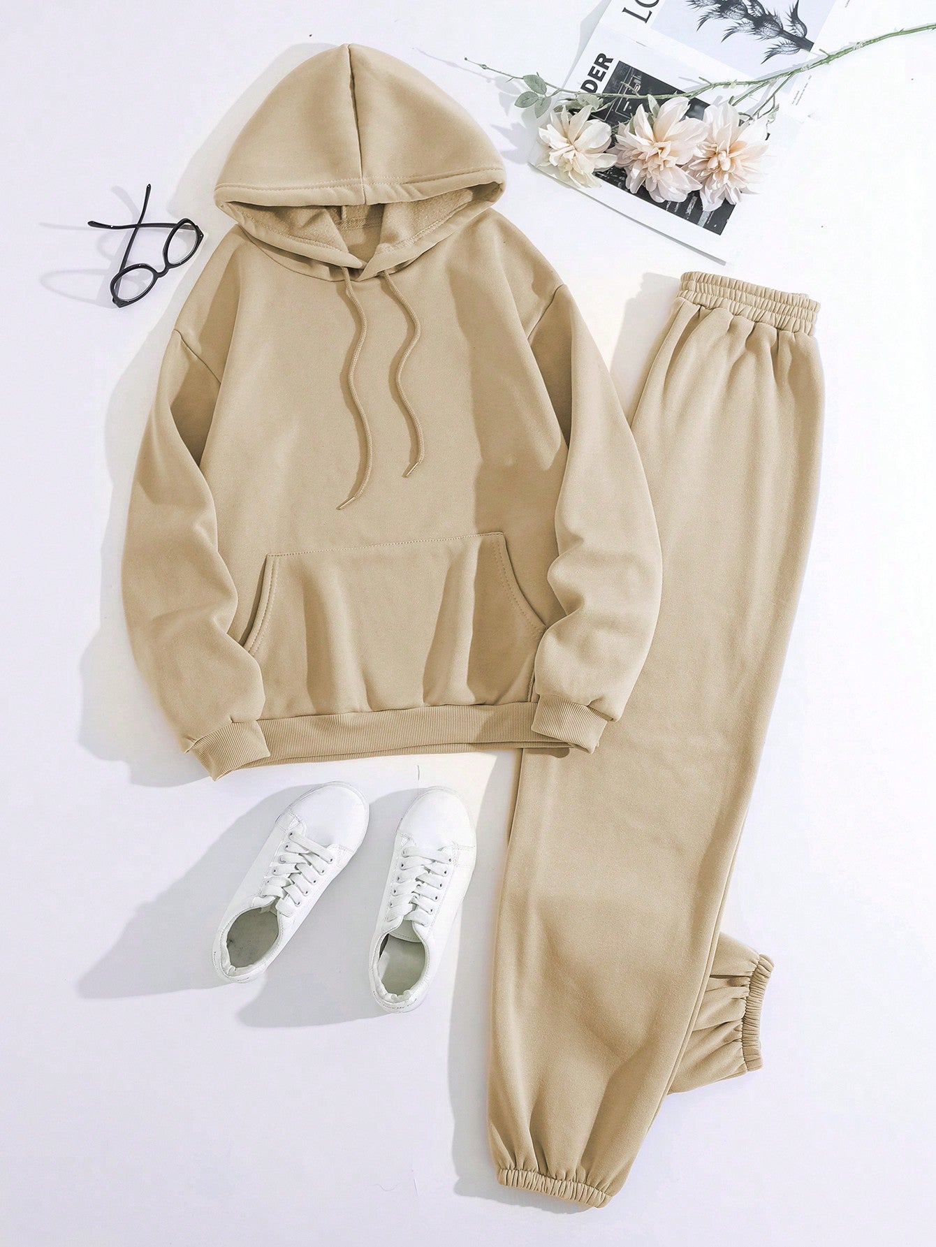 SHEIN EZwear 2pcs/Set Solid Color Long Sleeve Hoodie And Sport Pants