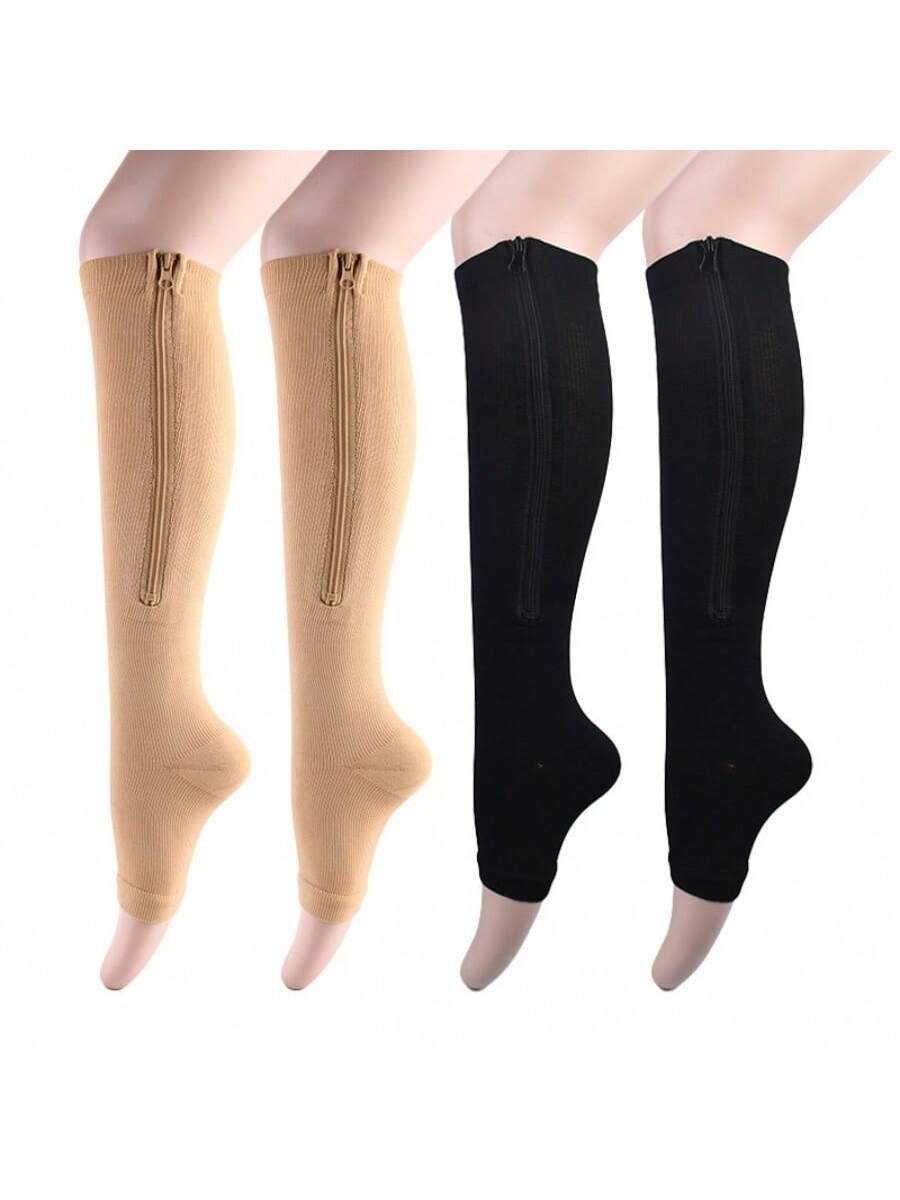 Zip-Up Compression Socks, 15-20mmHg, Knee-High, Toeless Design, For Sports