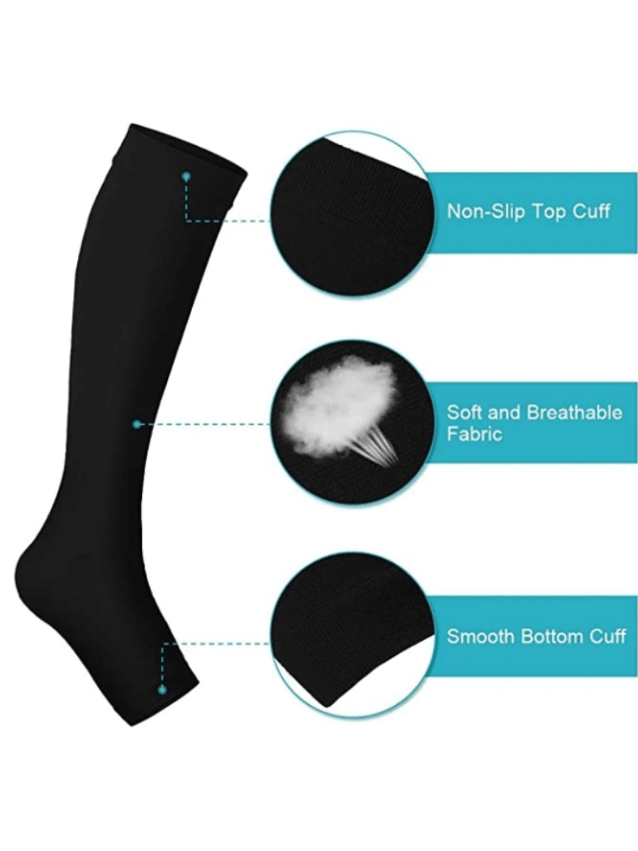 Zip-Up Compression Socks, 15-20mmHg, Knee-High, Toeless Design, For Sports