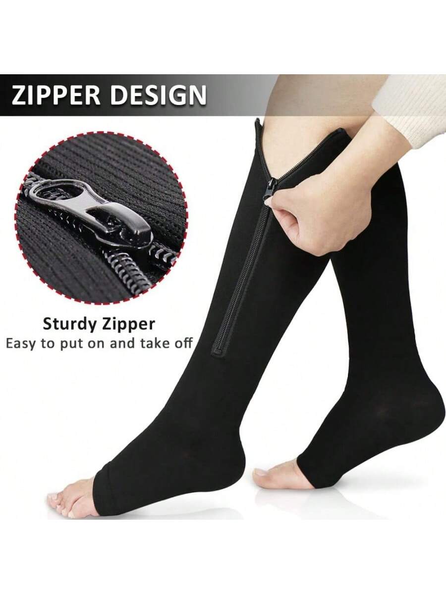 Zip-Up Compression Socks, 15-20mmHg, Knee-High, Toeless Design, For Sports