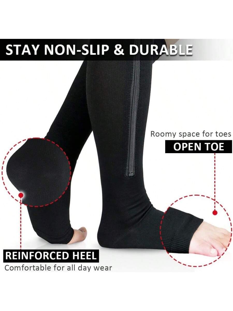 Zip-Up Compression Socks, 15-20mmHg, Knee-High, Toeless Design, For Sports