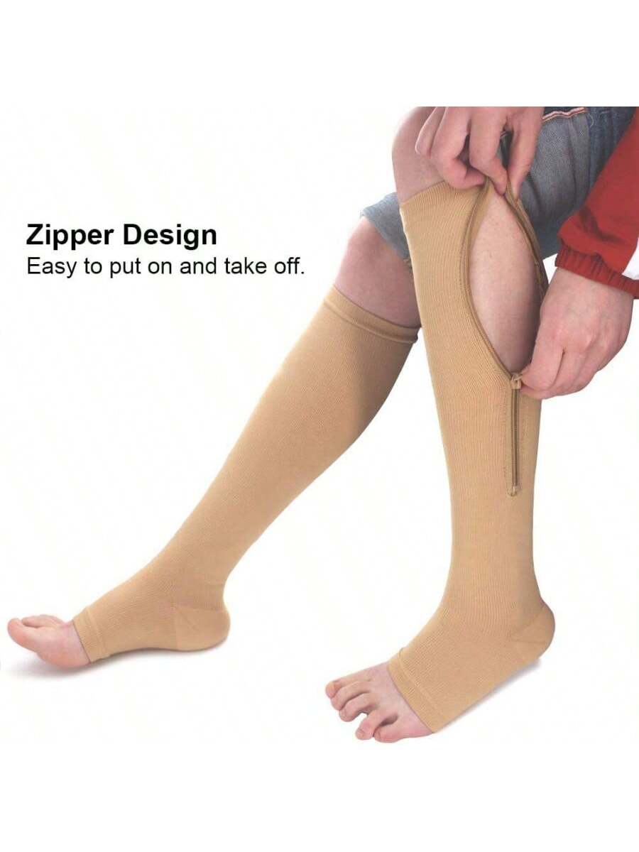 Zip-Up Compression Socks, 15-20mmHg, Knee-High, Toeless Design, For Sports