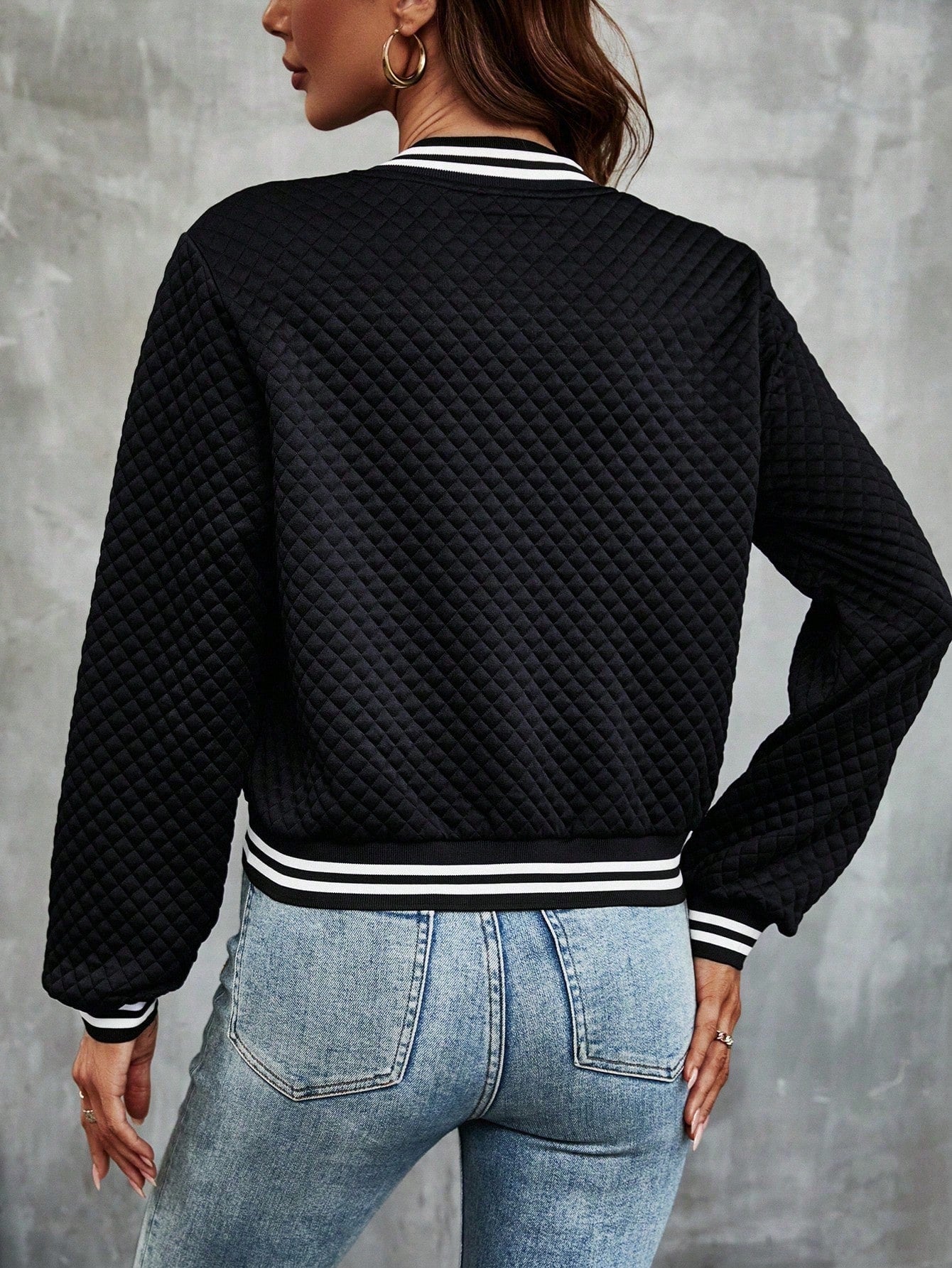 LUNE Striped Trim Zip Up Bomber Jacket