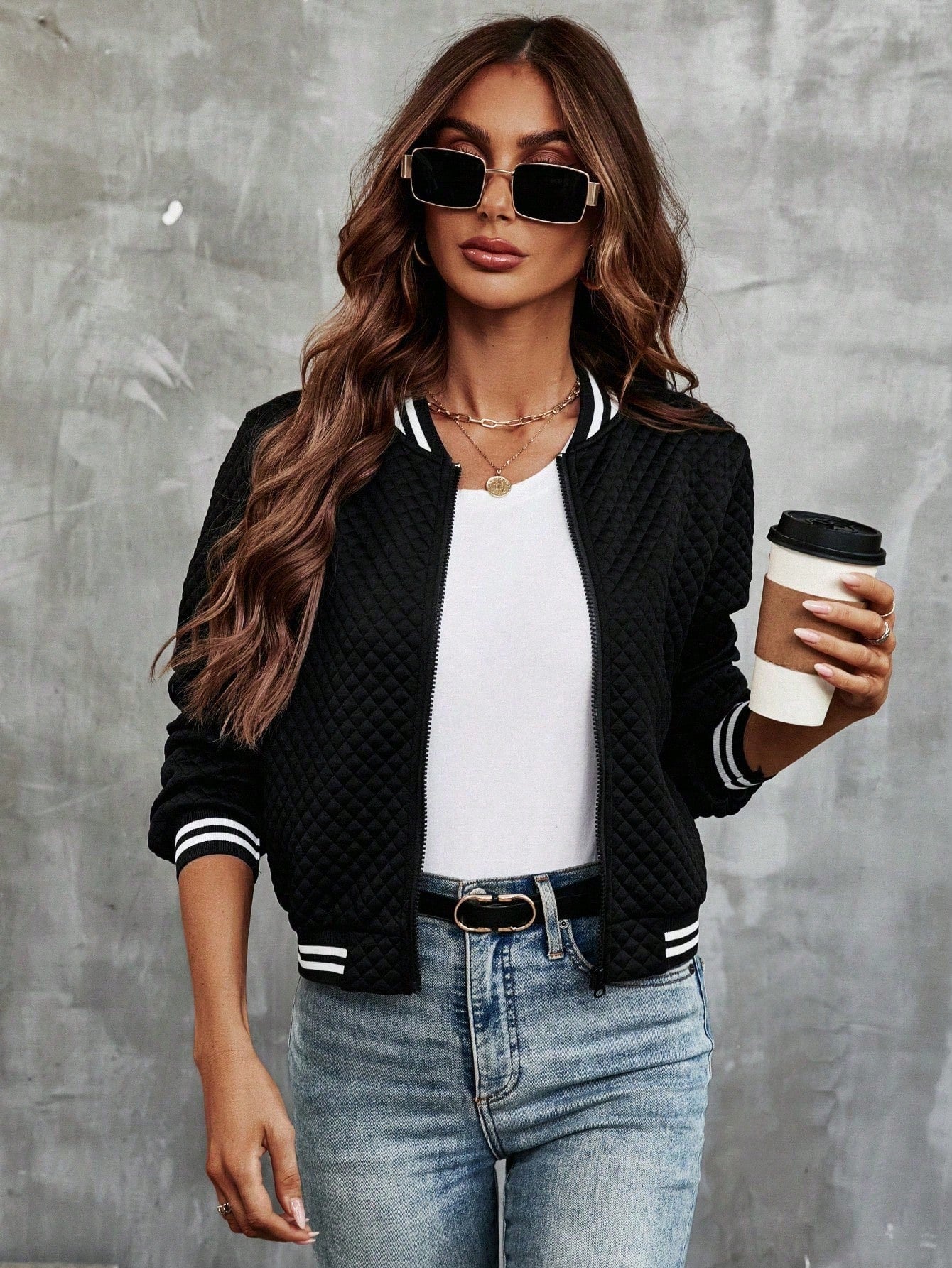 LUNE Striped Trim Zip Up Bomber Jacket